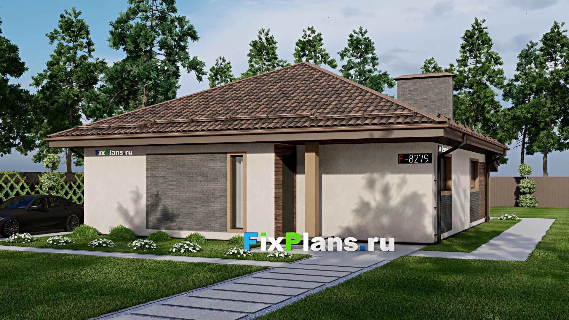 F-8279 - Проект одноэтажного дома 12 на 15, площадью 130 м² с террасой и 3 спальнями