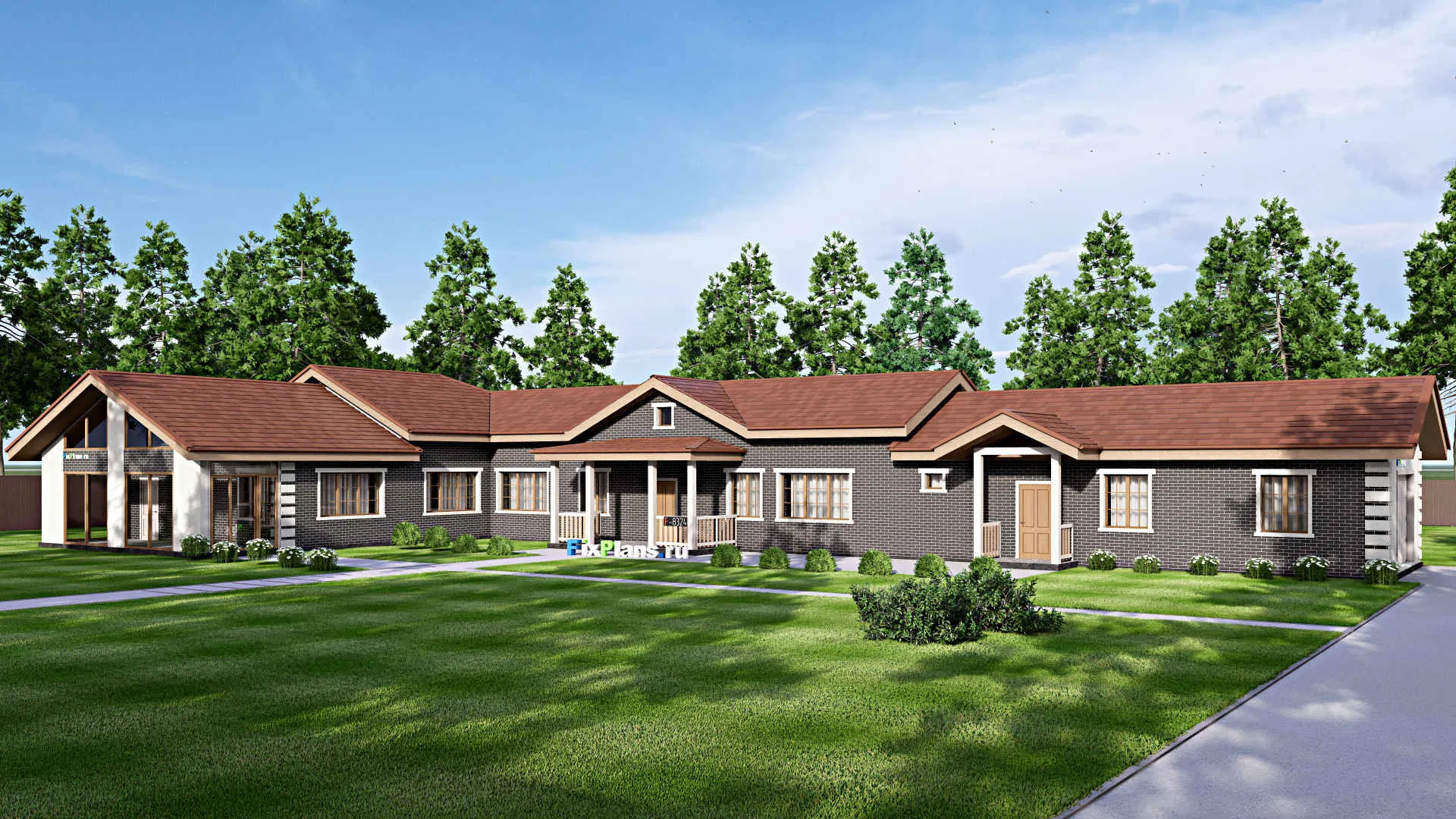 F-8324 - Проект одноэтажного дома 19 на 40, площадью 300 м² с террасой, гаражом на 2 машины и 5 спальнями