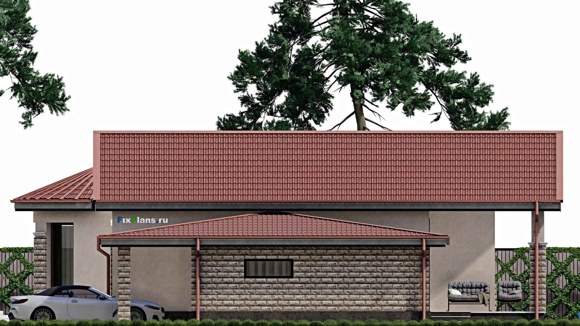 F-0539 - Проект одноэтажного дома 14 на 21, площадью 200 м² с террасой, гаражом на 1 машину и 3 спальнями