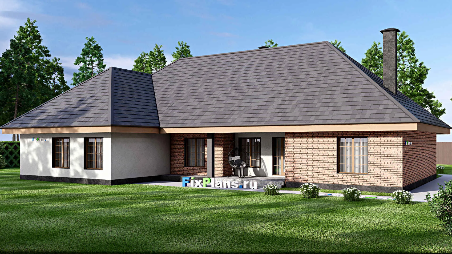 F-16910 - Проект одноэтажного дома 18 на 24, площадью 290 м² с террасой, гаражом на 2 машины и 4 спальнями