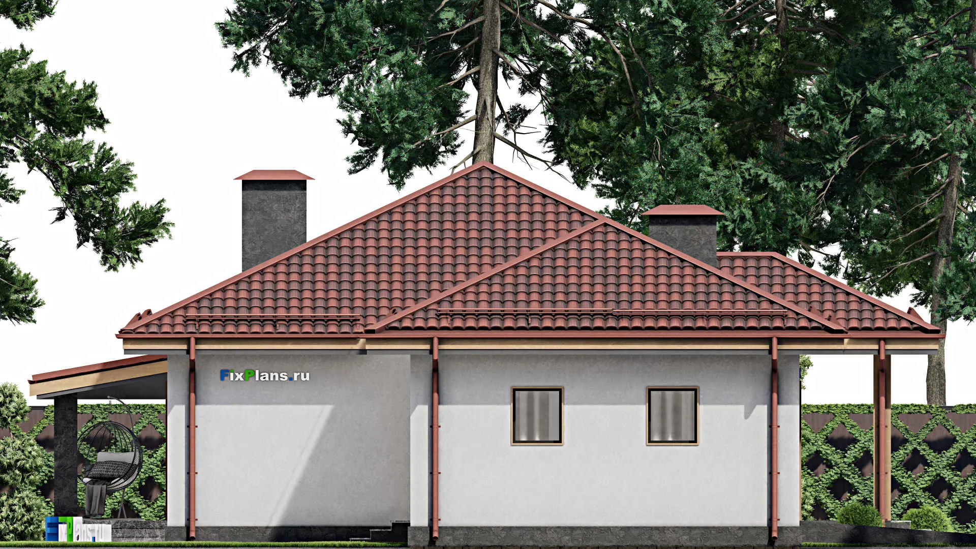 F-6884 - Проект одноэтажного дома 15 на 22, площадью 190 м² с террасой, гаражом на 1 машину и 3 спальнями