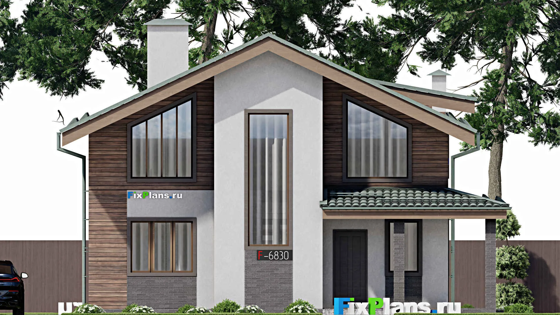 F-6830 - Проект дома с мансардой 12 на 12, площадью 180 м² с террасой и 4 спальнями