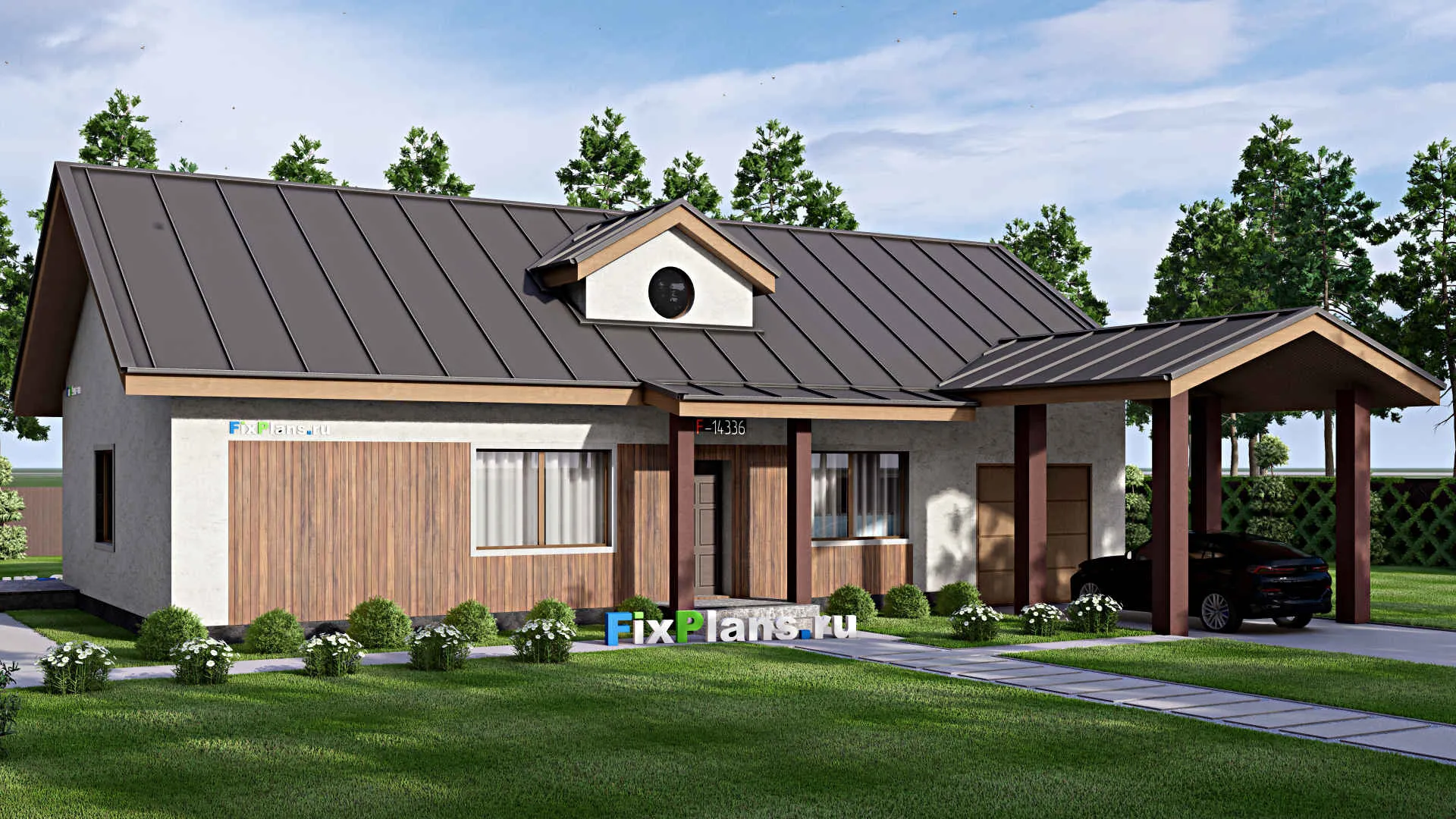 F-14336 - Проект одноэтажного дома 18 на 21, площадью 200 м² с террасой, баней, гаражом на 2 машины, бассейном и 2 спальнями