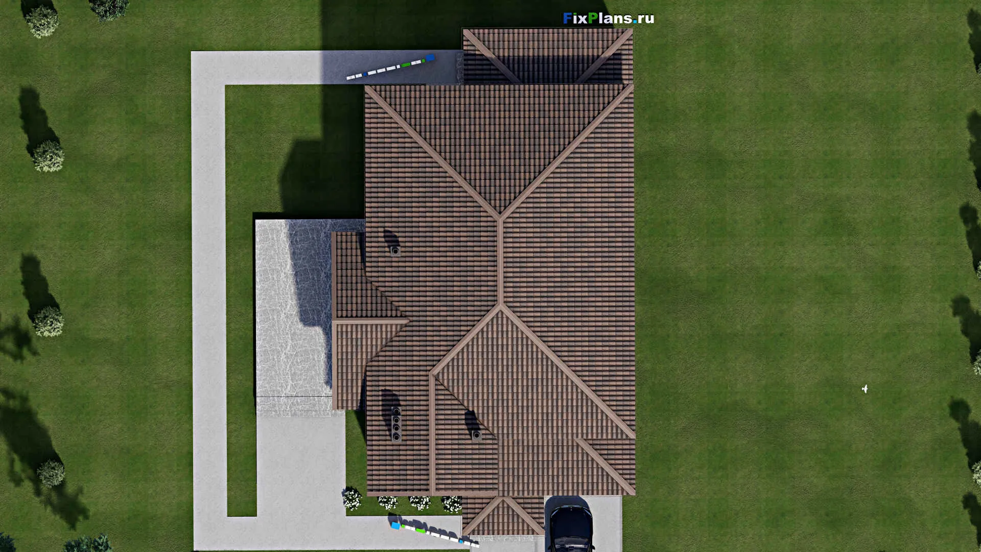 F-8792 - Проект дома с мансардой 17 на 22, площадью 310 м² с террасой, гаражом на 1 машину и 6 спальнями