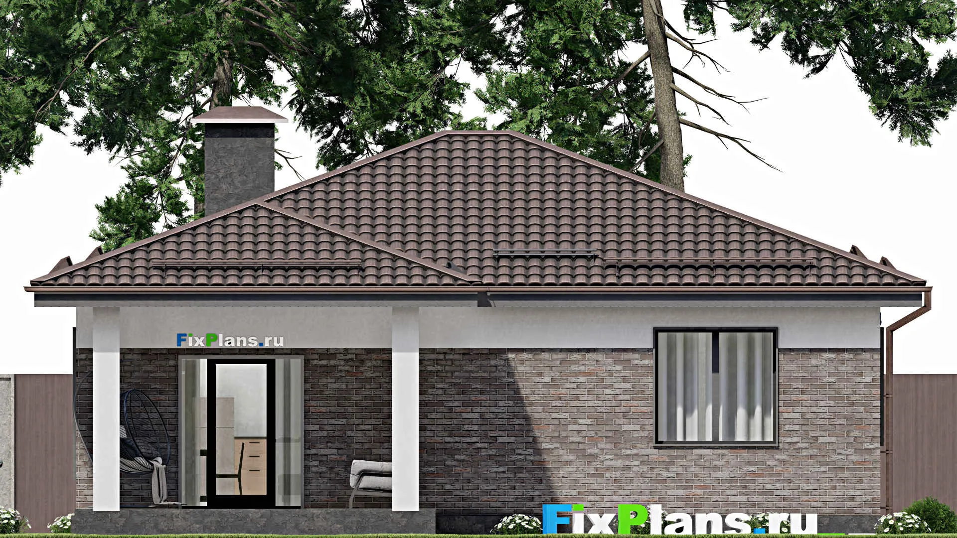 F-3428 - Проект одноэтажного дома 11 на 12, площадью 120 м² с террасой и 3 спальнями