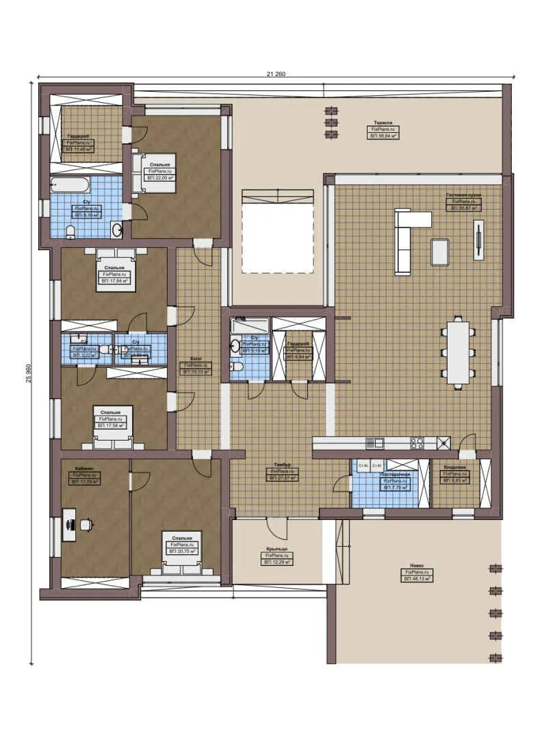 F-7343 - План одноэтажного дома 22 на 26, площадью 400 м² с террасой и 4 спальнями
