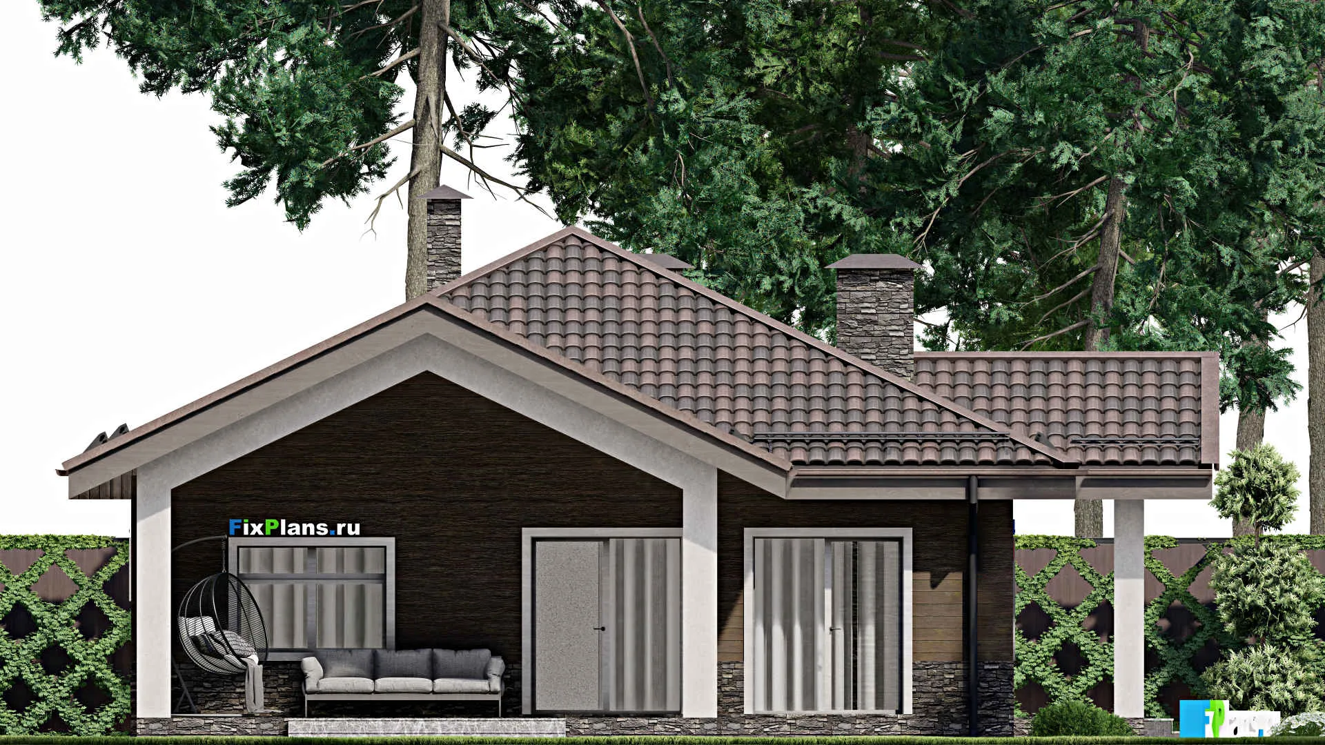 F-6938 - Проект одноэтажного дома 12 на 17, площадью 140 м² с террасой, баней и 3 спальнями