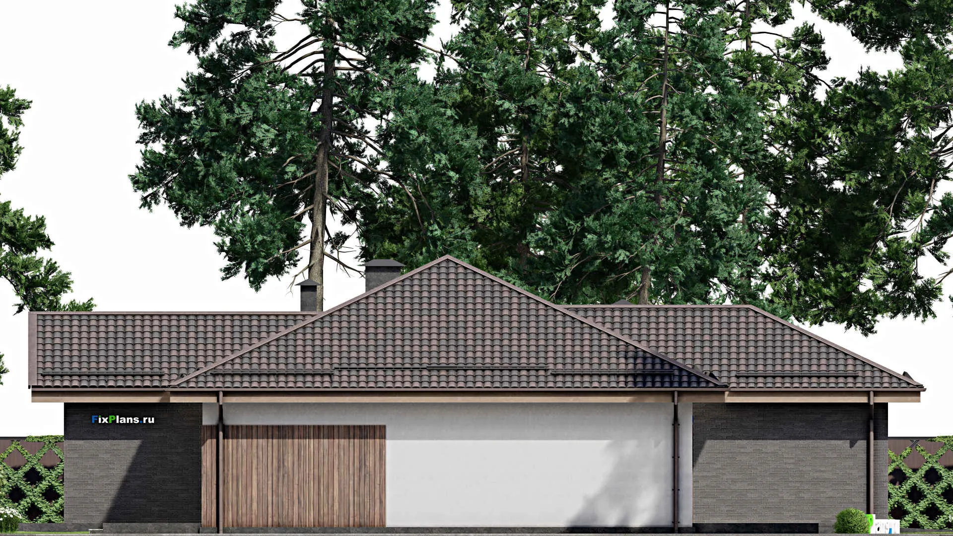 F-6434 - Проект одноэтажного дома 18 на 21, площадью 330 м² с террасой, гаражом на 2 машины и 4 спальнями