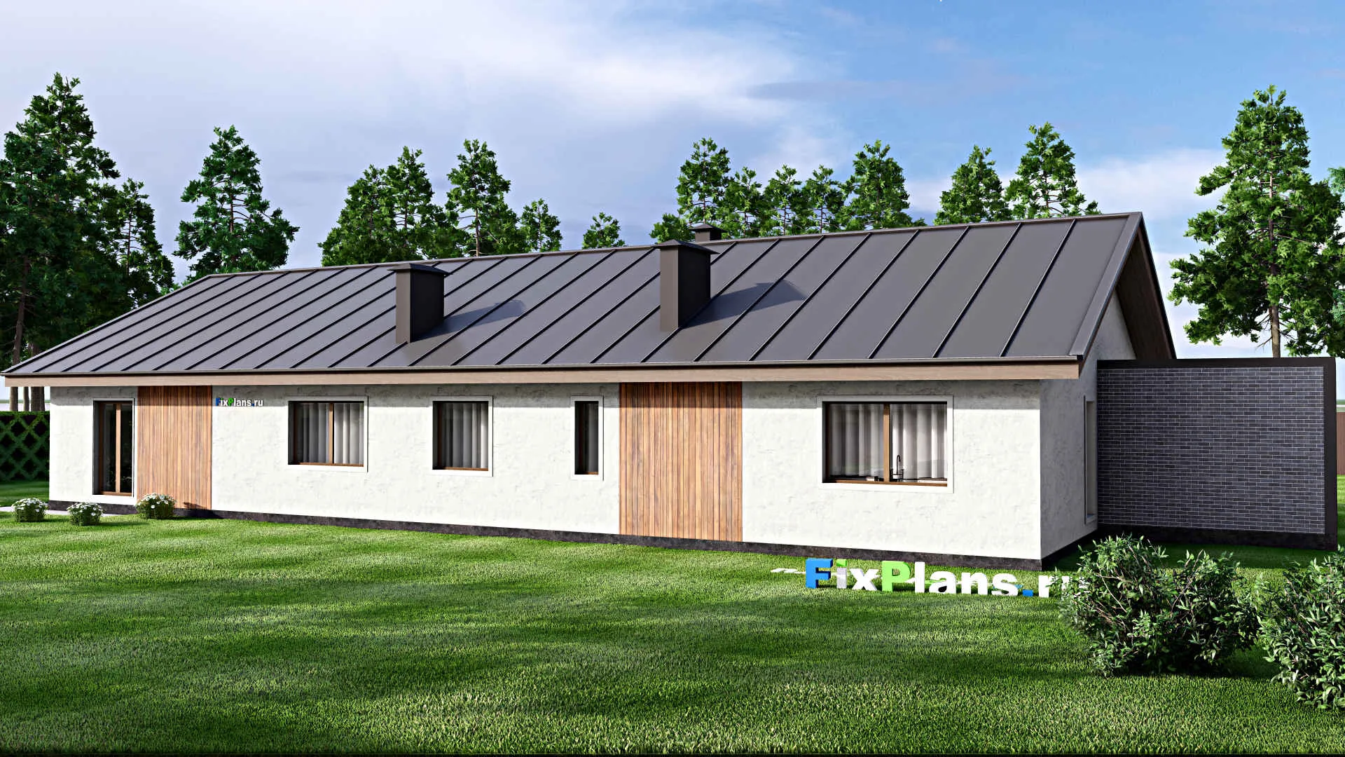 F-13382 - Проект одноэтажного дома 14 на 30, площадью 290 м² с террасой и 4 спальнями