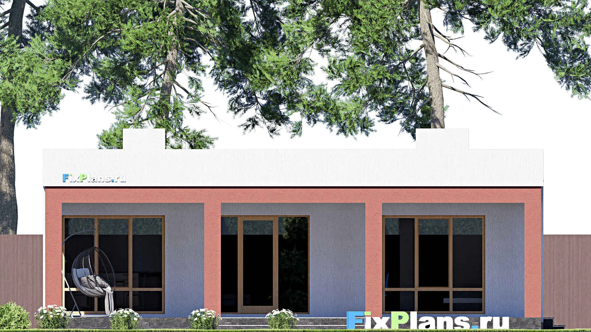 F-19070 - Проект одноэтажного дома 13 на 27, площадью 260 м² с террасой, гаражом на 1 машину и 4 спальнями