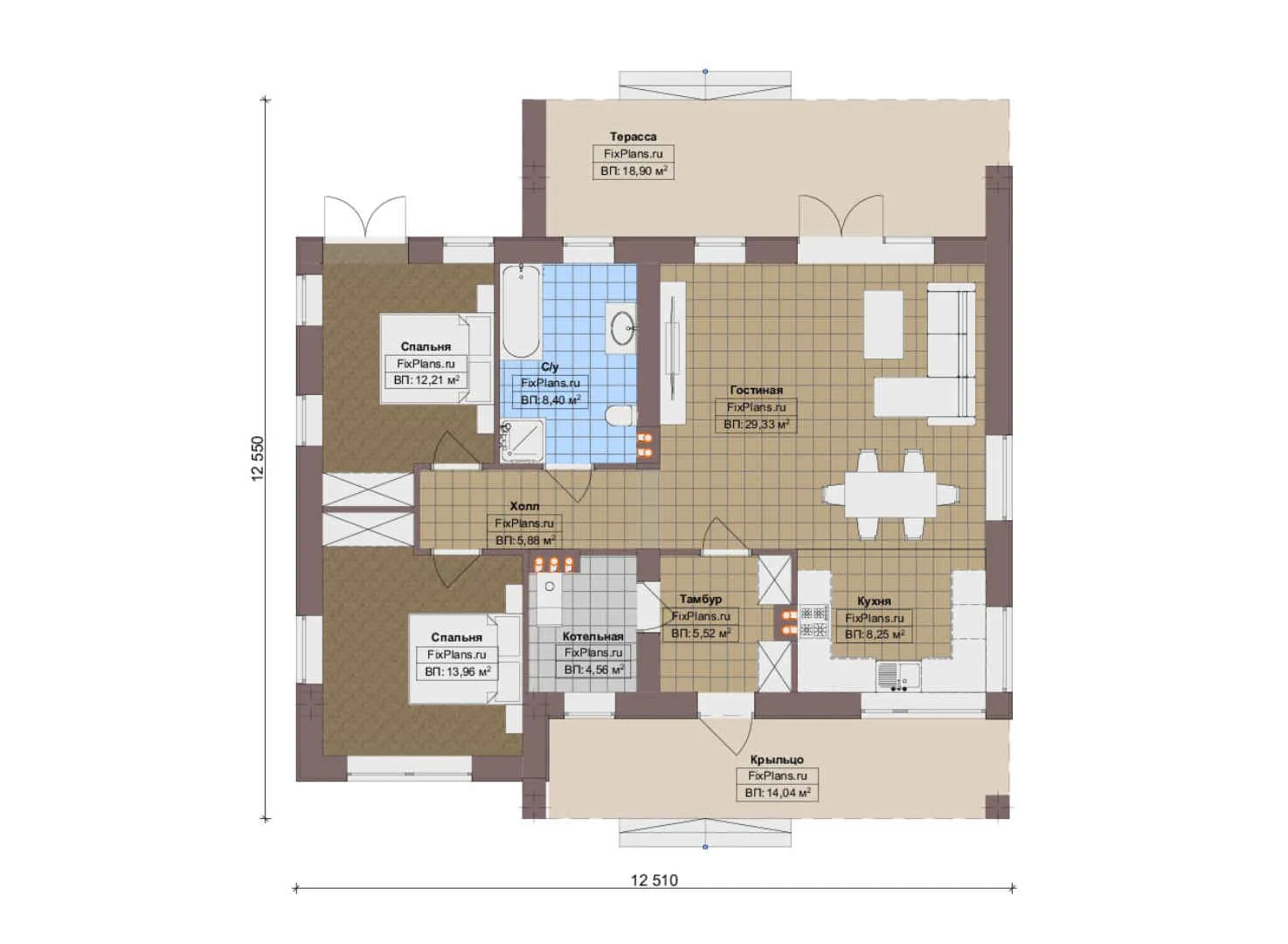 F-16037 - План одноэтажного дома 13 на 13, площадью 130 м² с террасой и 2 спальнями