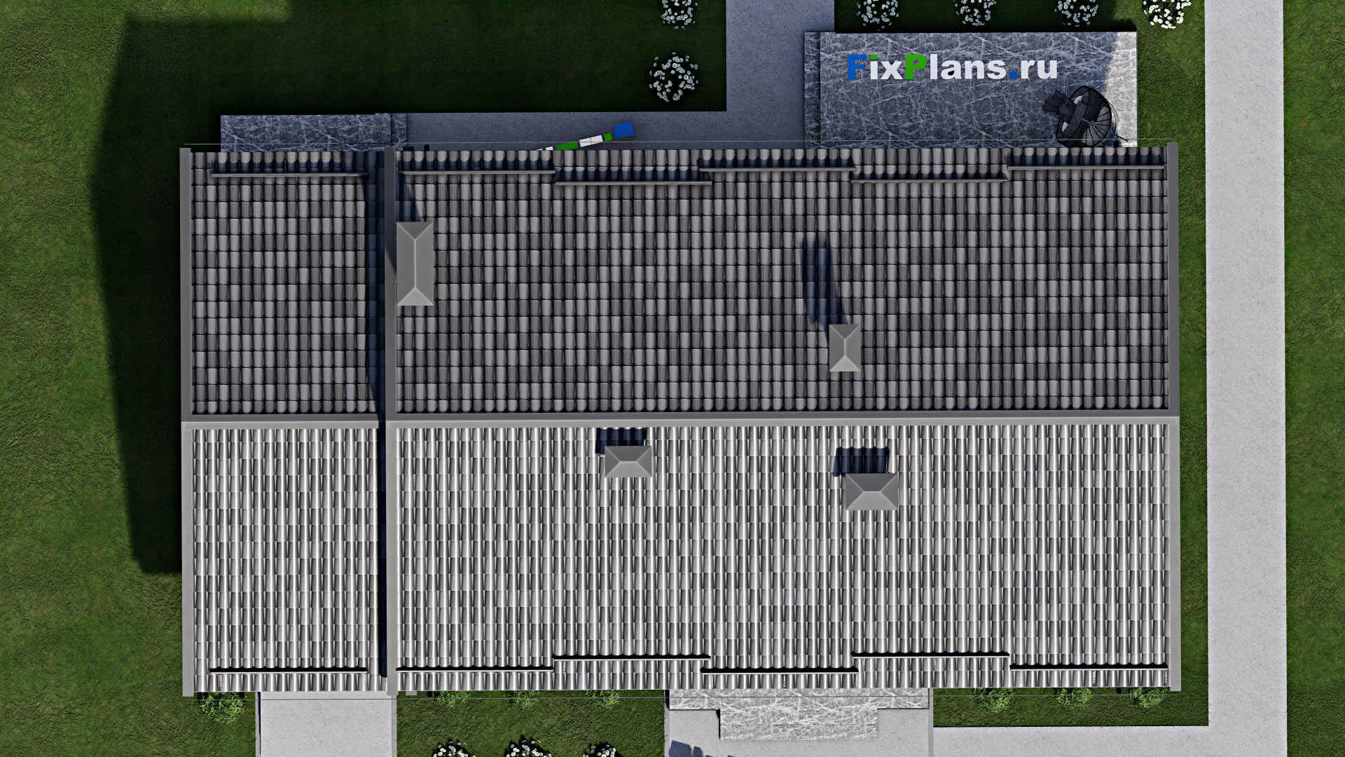 F-7595 - План одноэтажного дома 10 на 15, площадью 160 м² с террасой, гаражом на 1 машину и 3 спальнями