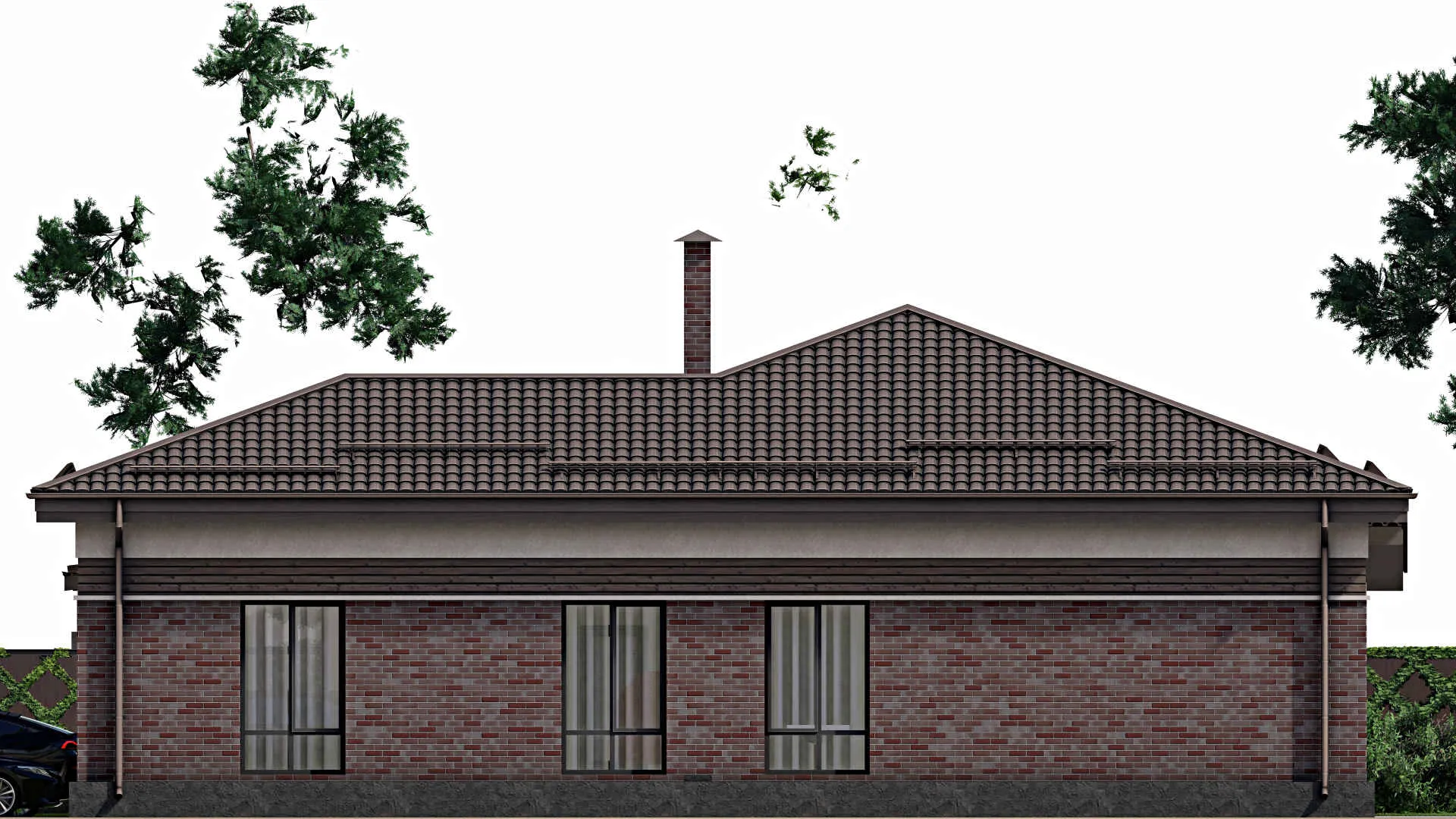 F-2465 - Проект одноэтажного дома 19 на 21, площадью 340 м² с террасой, гаражом на 2 машины и 3 спальнями