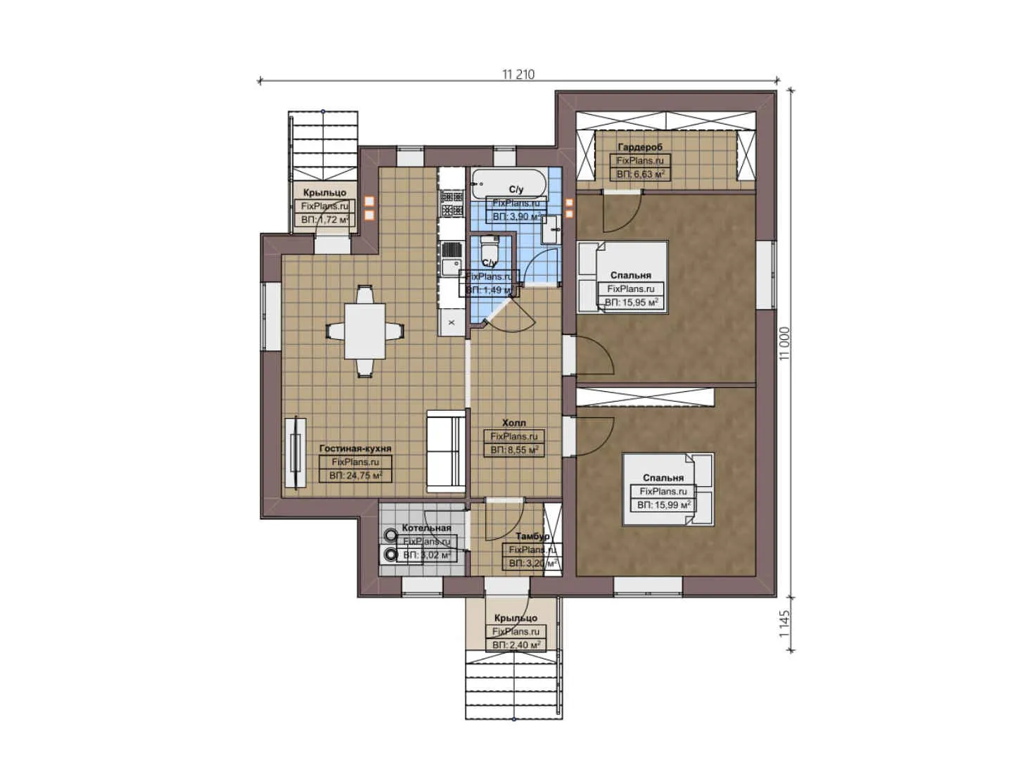 F-4832 - План одноэтажного дома 11 на 12, площадью 90 м² с 2 спальнями