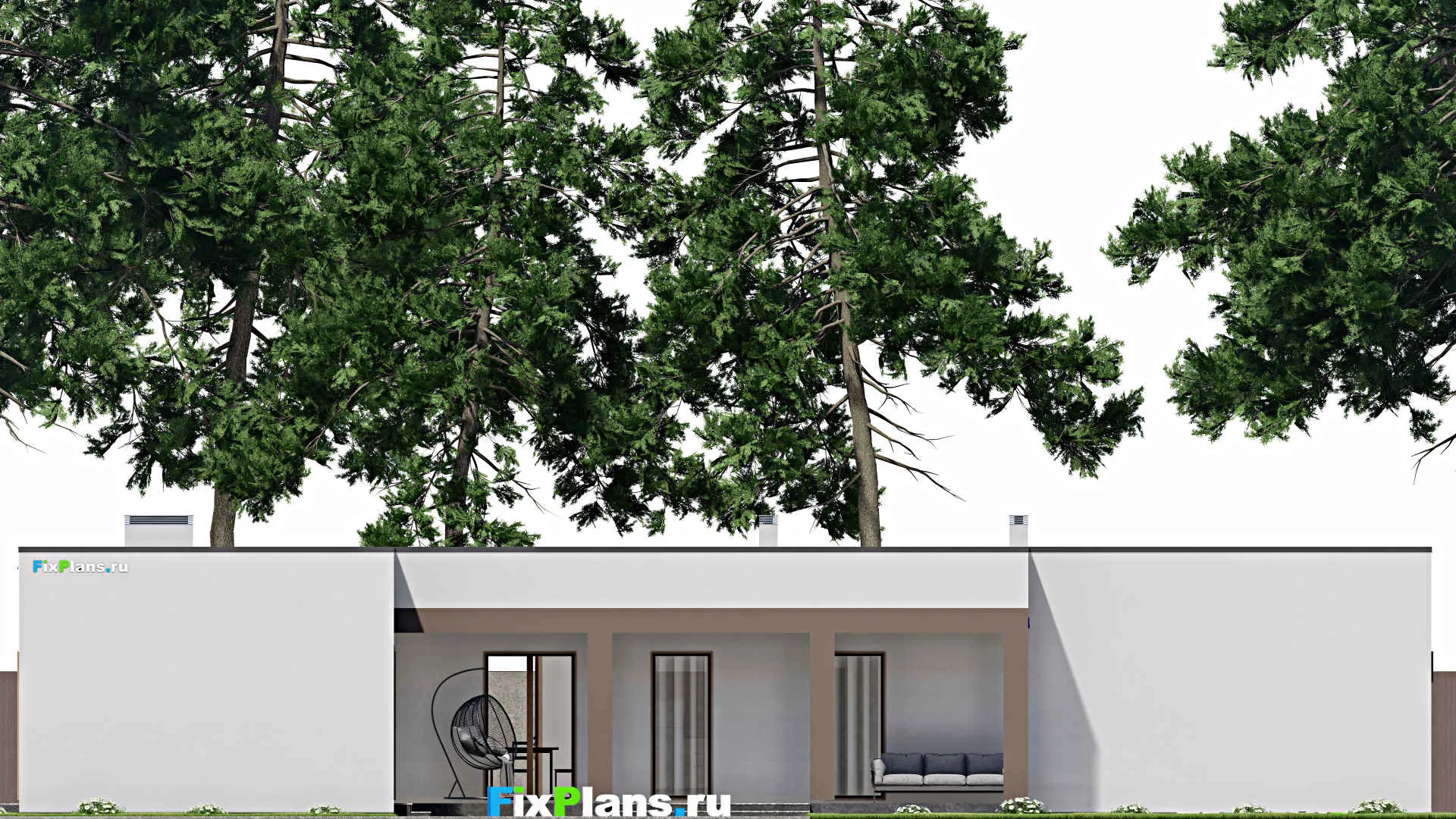 F-8945 - Проект одноэтажного дома 18 на 23, площадью 260 м² с террасой, баней, гаражом на 2 машины, спортзалом и 2 спальнями