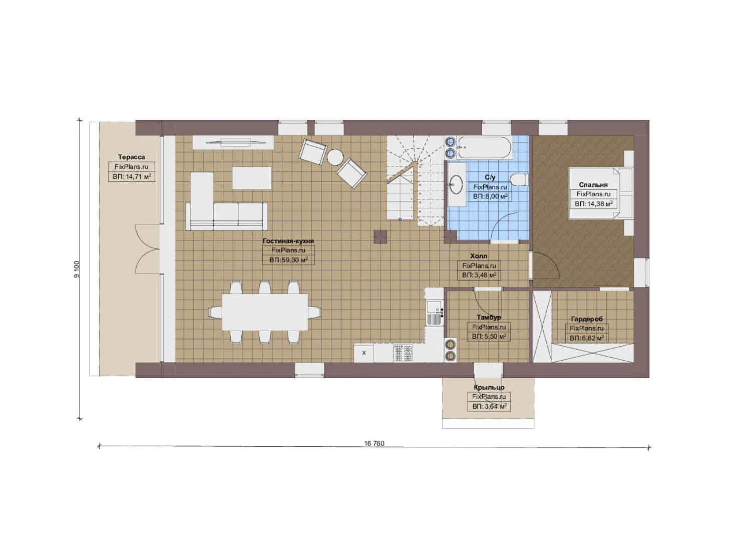 F-16064 - Планы дома с мансардой 10 на 17, площадью 170 м² с террасой и 3 спальнями