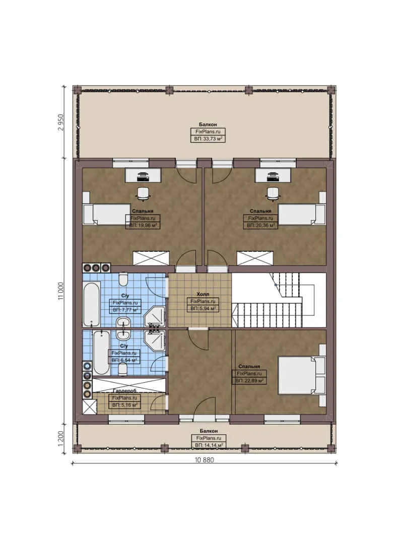 F-4400 - Планы двухэтажного дома 10 на 11, площадью 280 м² с террасой, балконом и 3 спальнями