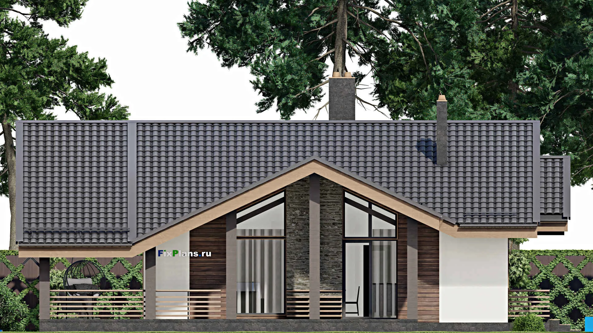 F-5174 - Проект одноэтажного дома 11 на 11, площадью 140 м² с террасой и 1 спальнями