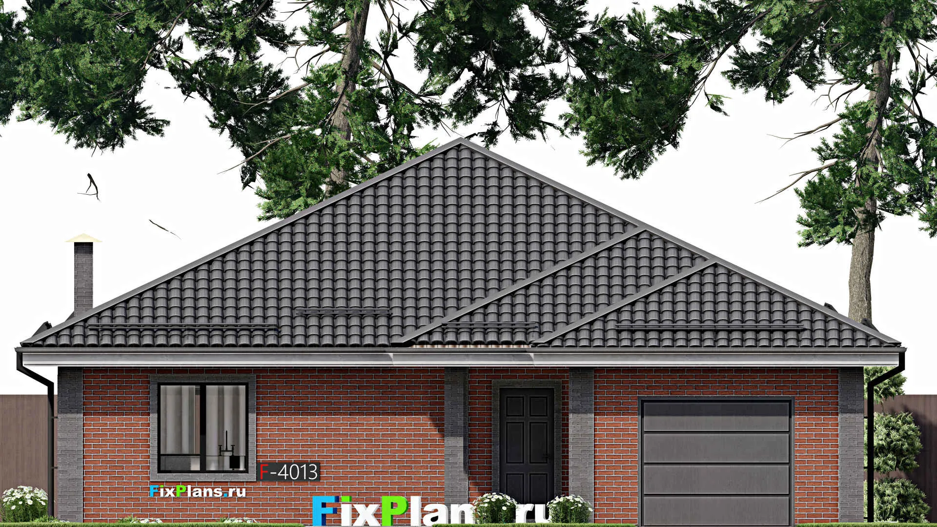 F-4013 - План одноэтажного дома 13 на 17, площадью 150 м² с террасой, гаражом на 1 машину и 3 спальнями