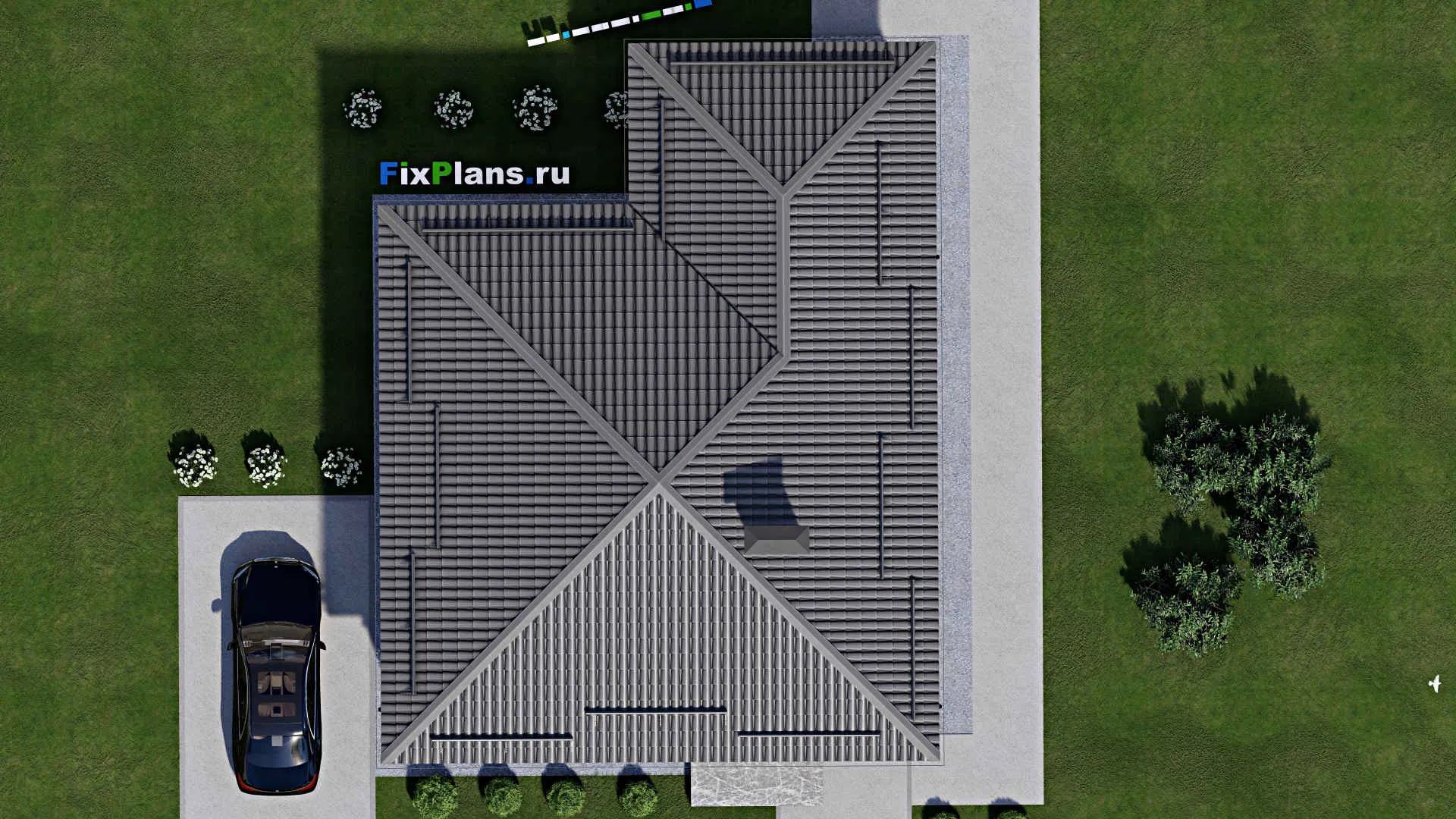 F-2528 - Проект одноэтажного дома 11 на 11, площадью 110 м² с террасой и 3 спальнями