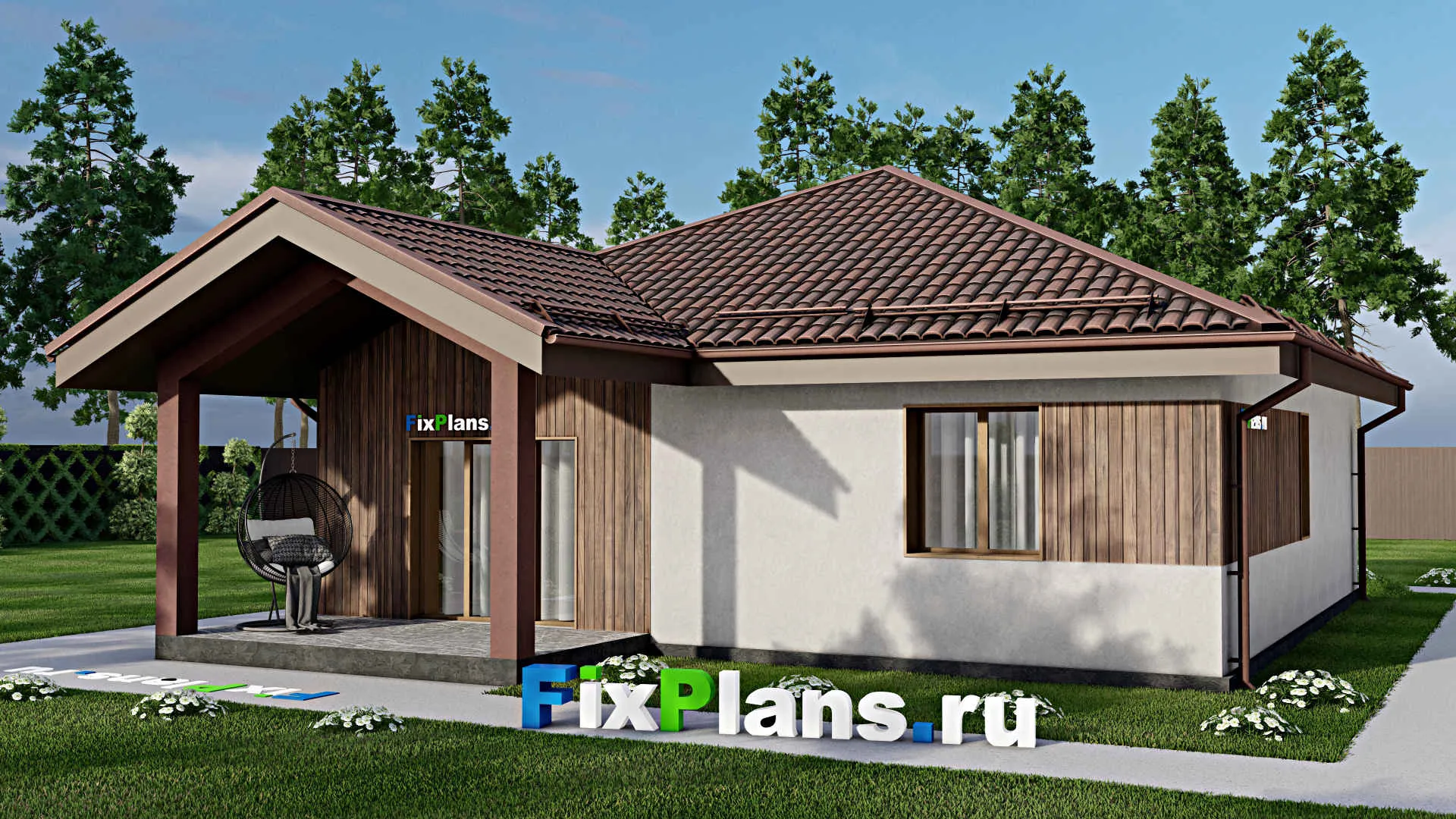 F-7415 - Проект одноэтажного дома 11 на 11, площадью 100 м² с террасой и 2 спальнями