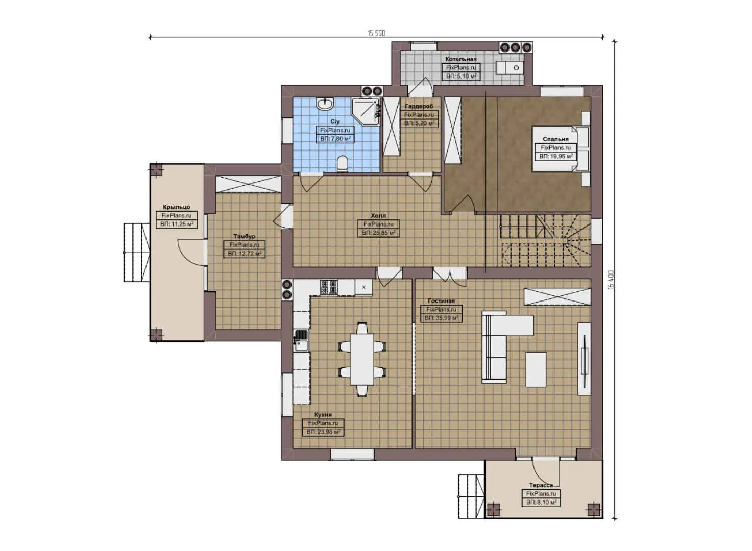F-7559 - Планы дома с мансардой 16 на 17, площадью 290 м² с террасой и 4 спальнями