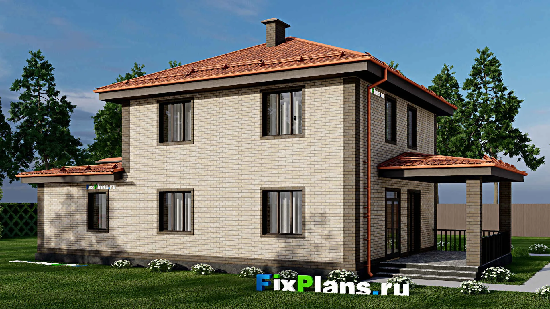 F-7397 - Проект двухэтажного дома 11 на 18, площадью 200 м² с террасой, гаражом на 1 машину и 3 спальнями