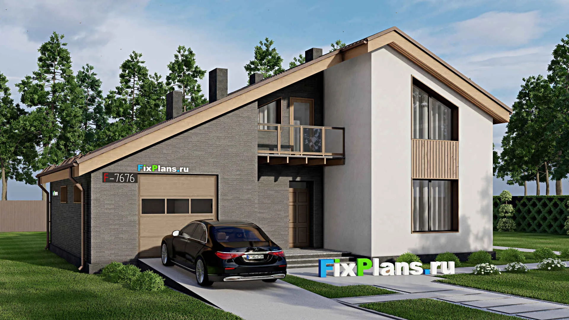 F-7676 - Проект дома с мансардой 12 на 16, площадью 190 м² с террасой, балконом, гаражом на 1 машину и 4 спальнями