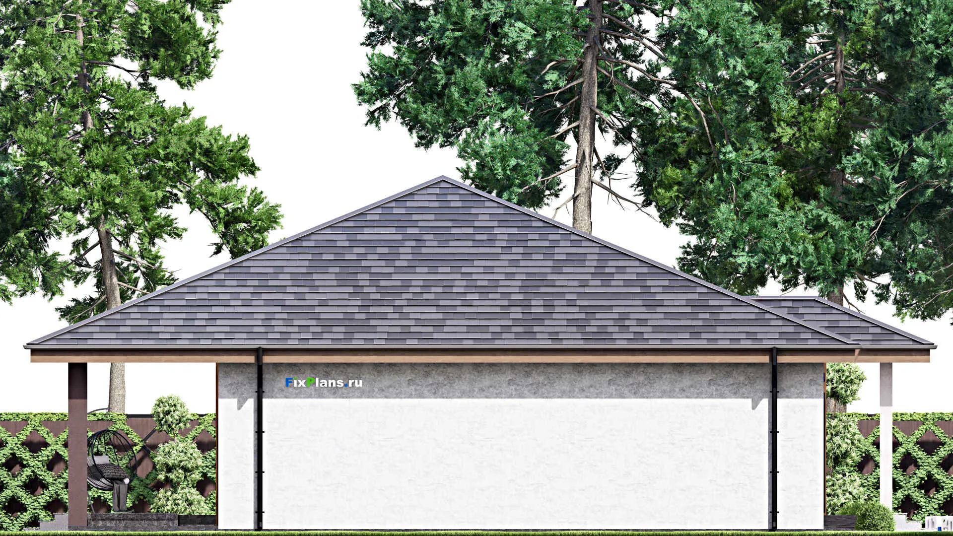 F-12914 - Проект одноэтажного дома 17 на 20, площадью 360 м² с террасой, цокольным этажом, баней, гаражом на 1 машину и 2 спальнями