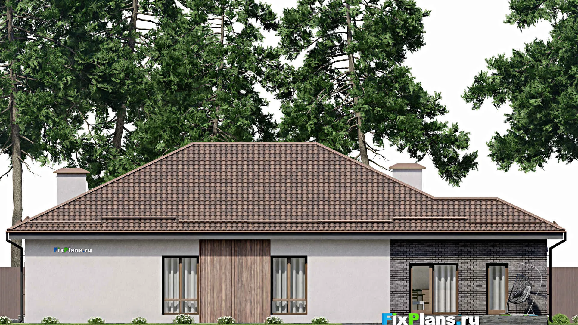 F-5723 - Проект одноэтажного дома 20 на 22, площадью 270 м² с террасой, гаражом на 2 машины и 3 спальнями