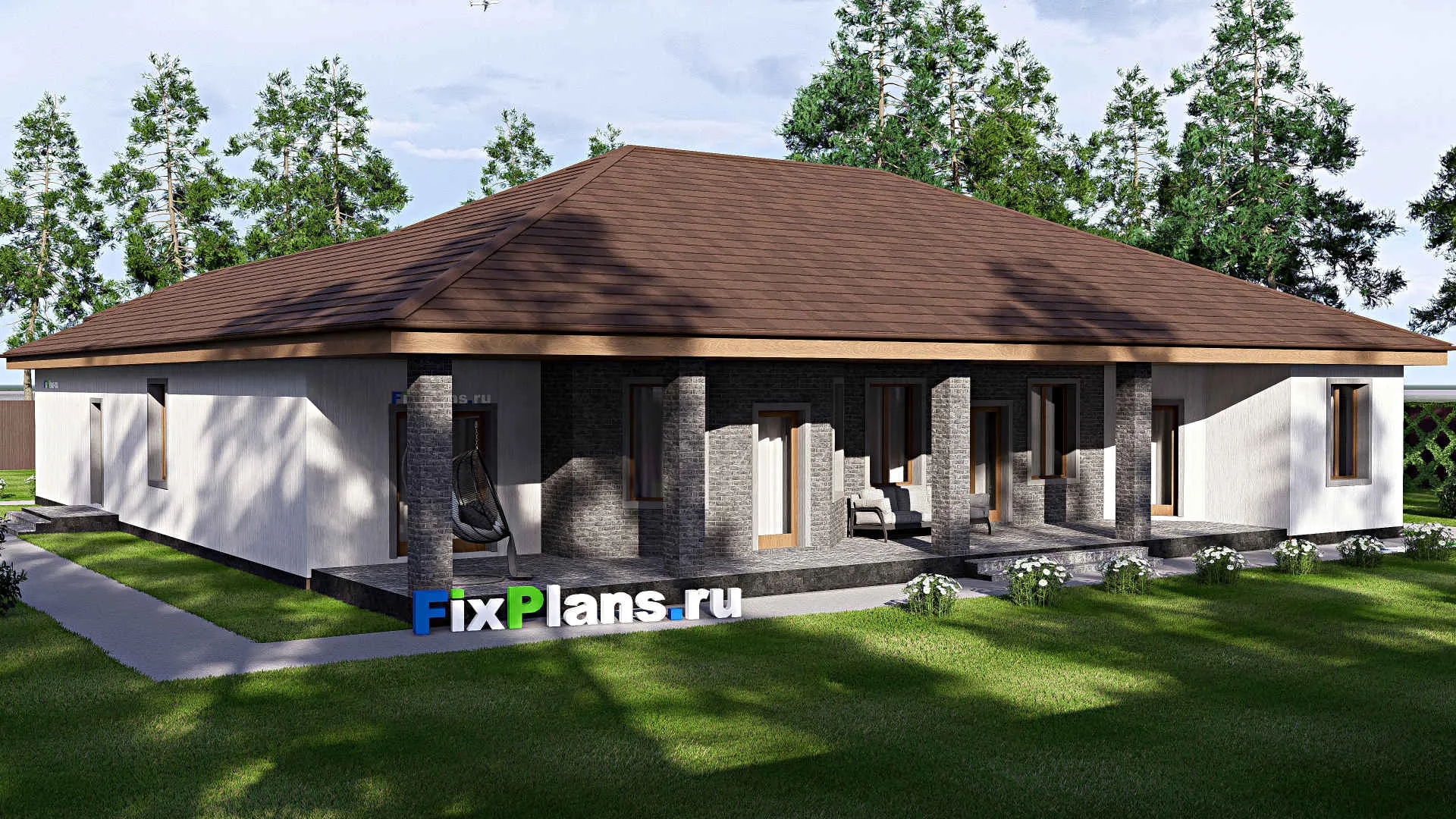 F-17225 - Проект одноэтажного дома 20 на 24, площадью 300 м² с террасой, гаражом на 2 машины и 4 спальнями