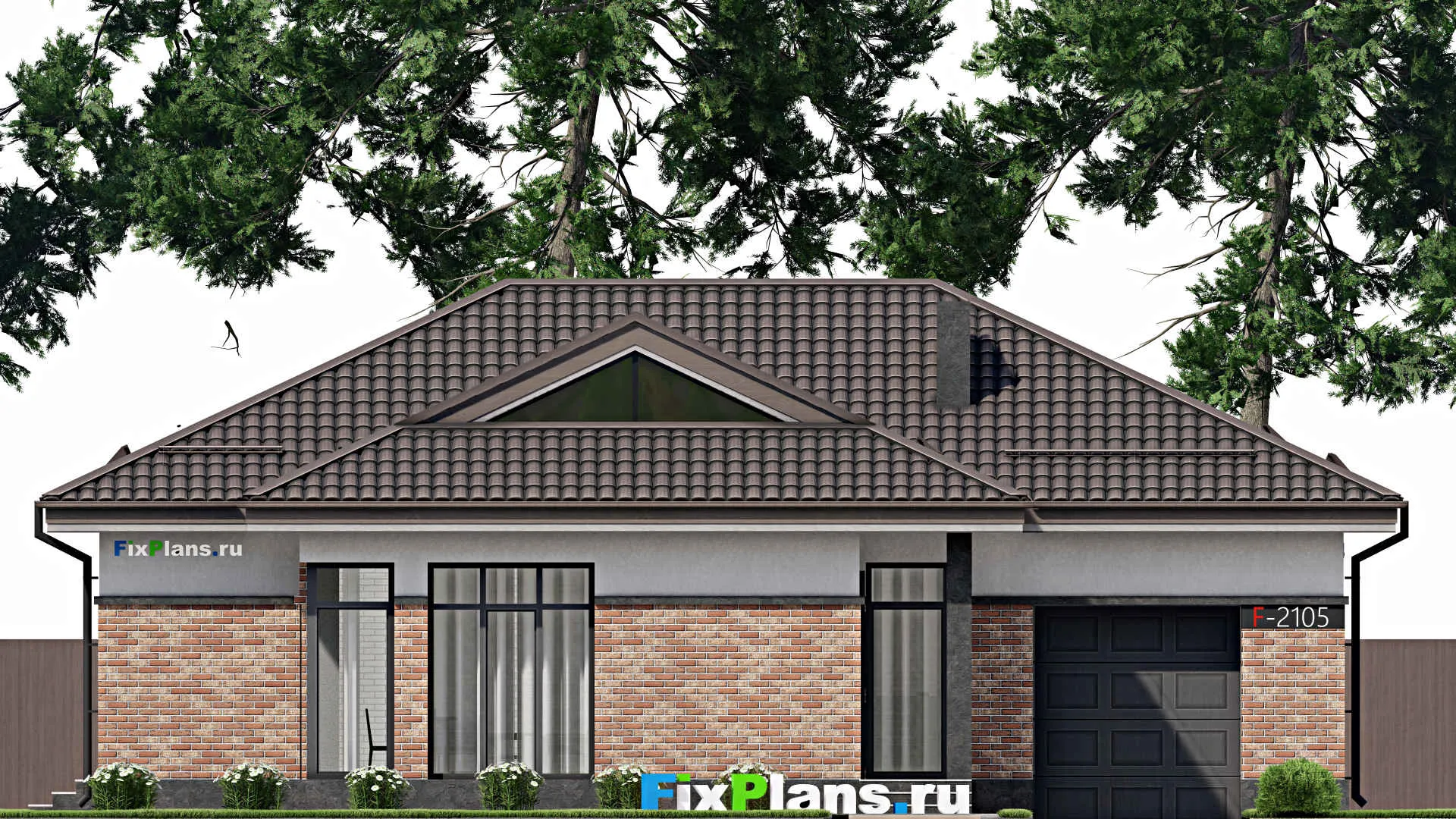 F-2105 - Проект одноэтажного дома 13 на 15, площадью 140 м² с террасой, гаражом на 2 машины и 2 спальнями