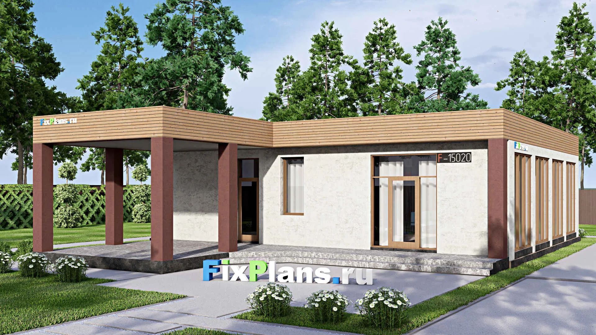 F-15020 - Проект бани 15 на 17, площадью 140 м² с комнатой отдыха, терассой, бассейном и санузлом