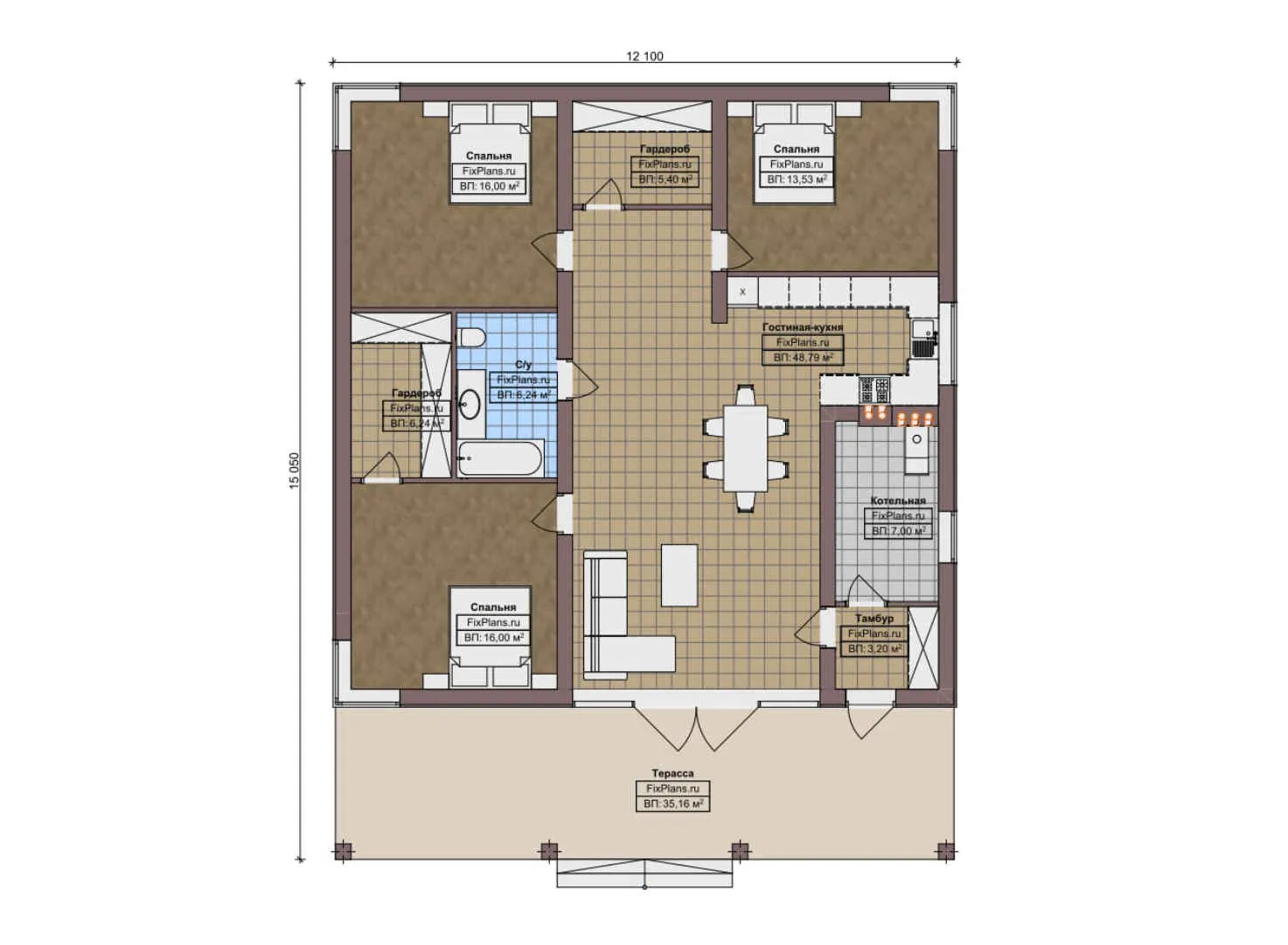 F-10619 - План одноэтажного дома 13 на 13, площадью 160 м² с террасой и 3 спальнями