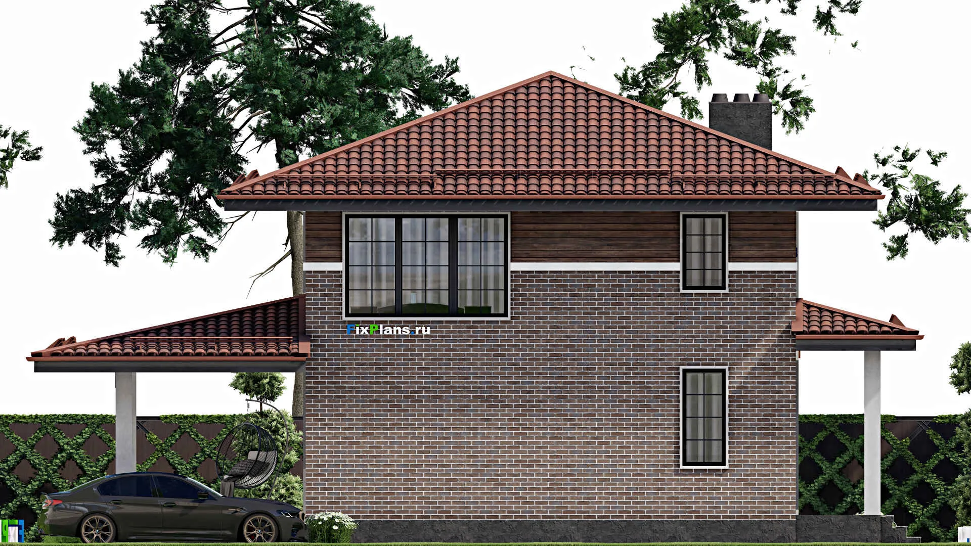 F-8549 - Планы двухэтажного дома 15 на 15, площадью 250 м² с террасой и 4 спальнями