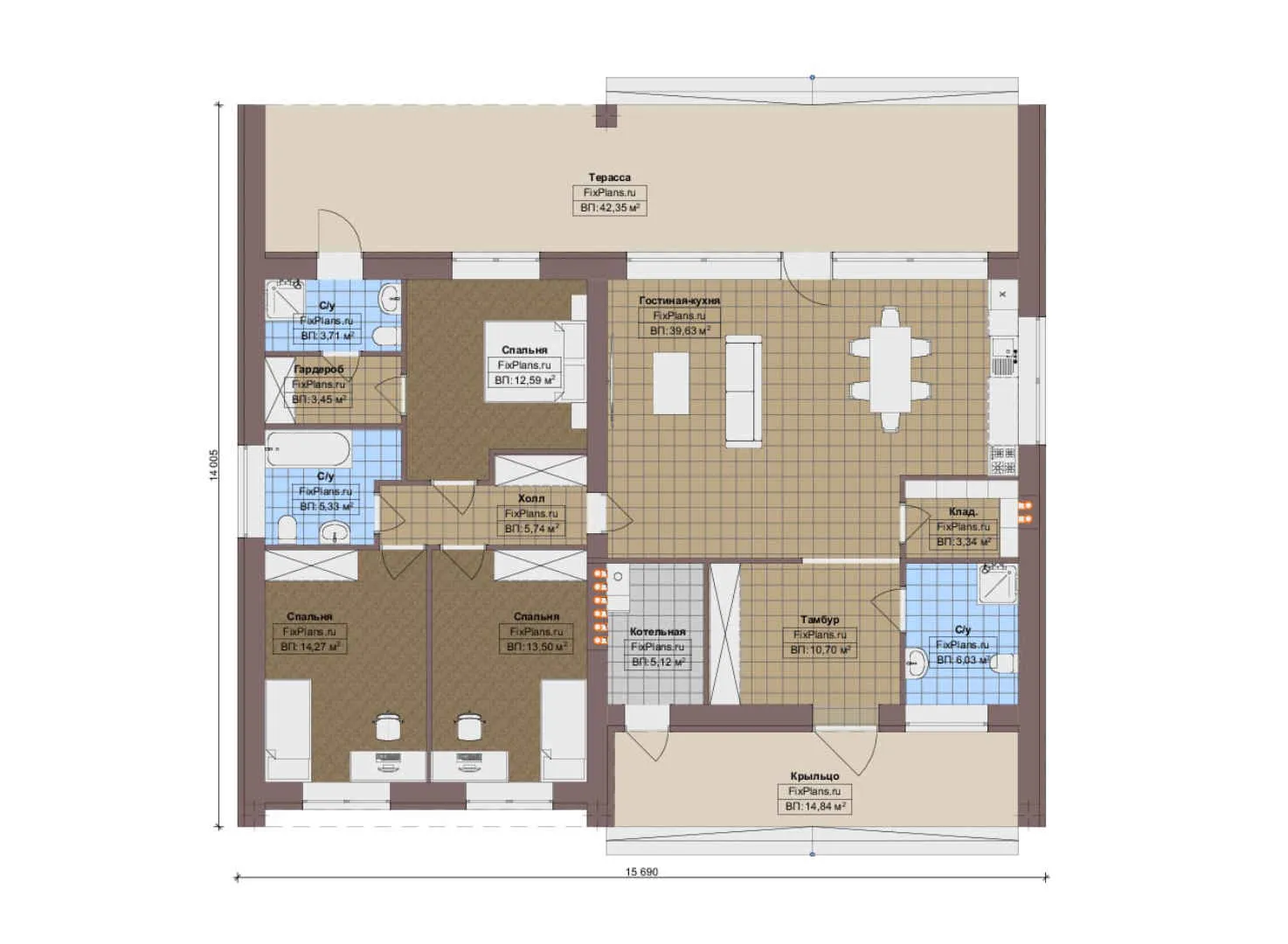 F-14606 - План одноэтажного дома 15 на 16, площадью 190 м² с террасой и 3 спальнями