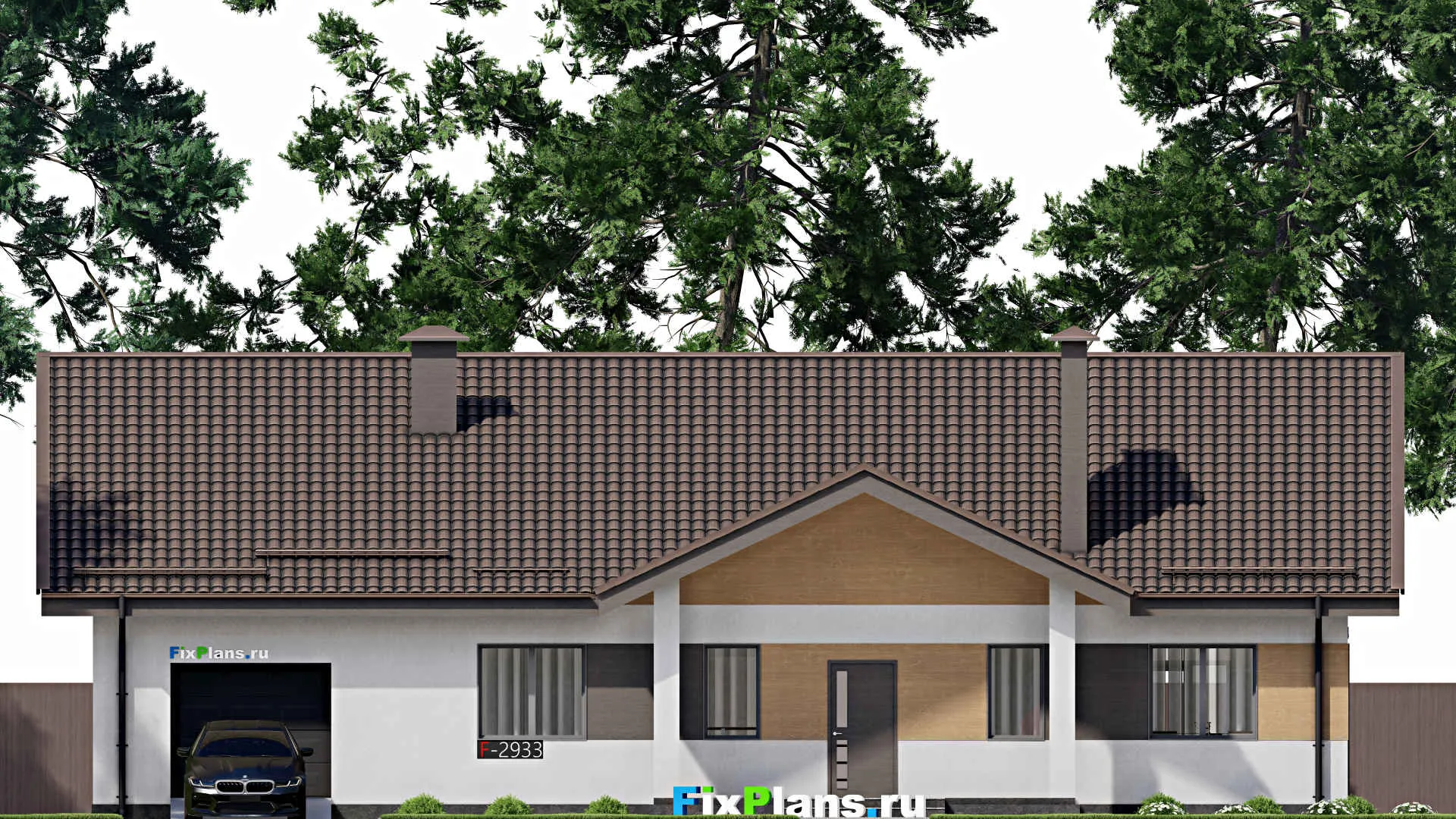 F-2933 - Проект одноэтажного дома 15 на 20, площадью 240 м² с террасой, гаражом на 1 машину и 4 спальнями