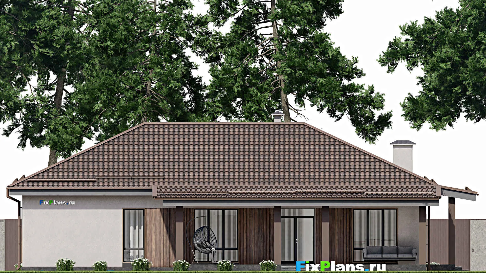 F-8747 - Проект одноэтажного дома 14 на 18, площадью 180 м² с террасой и 5 спальнями