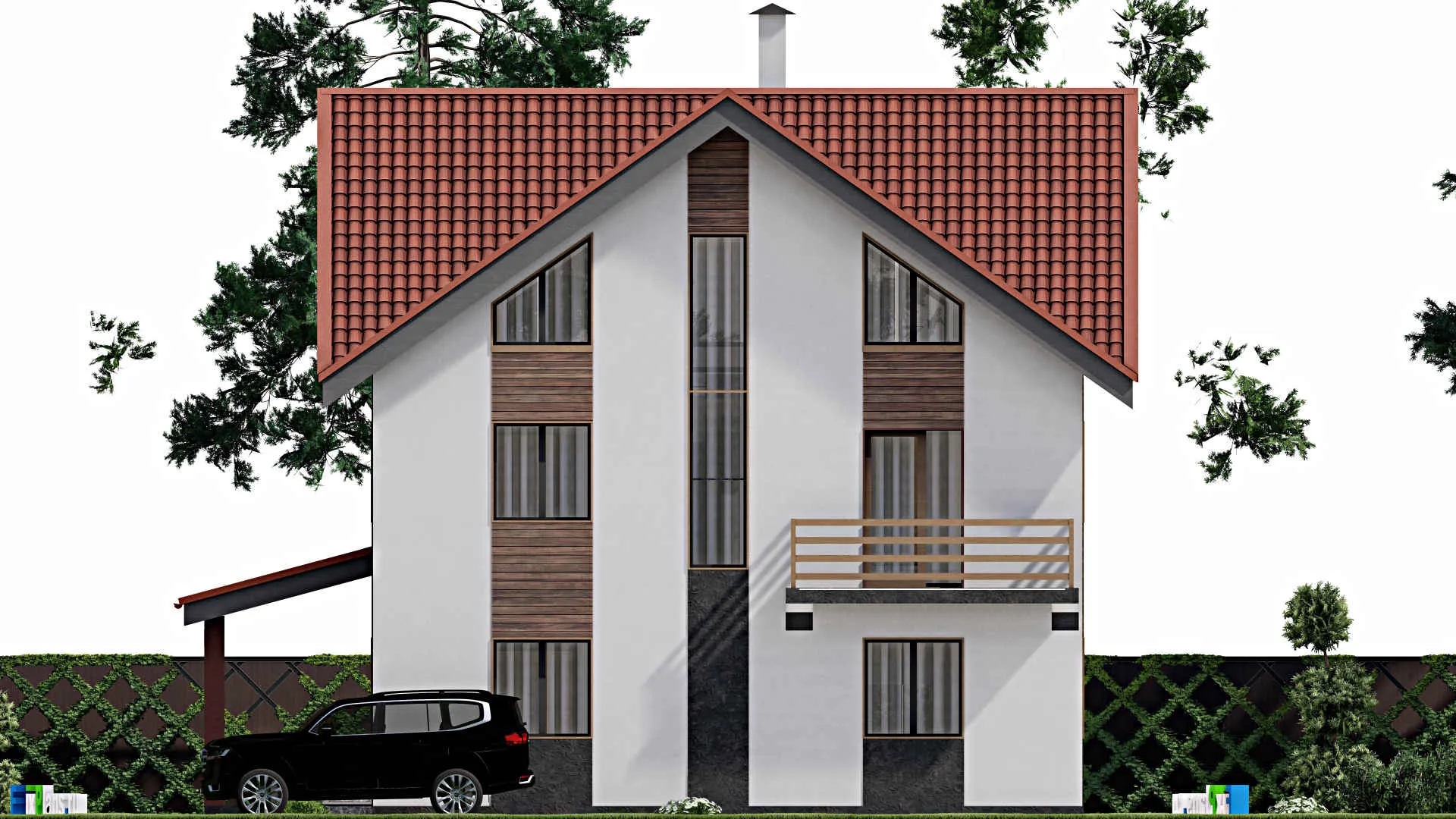 F-7163 - Проект двухэтажного дома с мансардой 12 на 14, площадью 280 м² с террасой, балконом и 4 спальнями