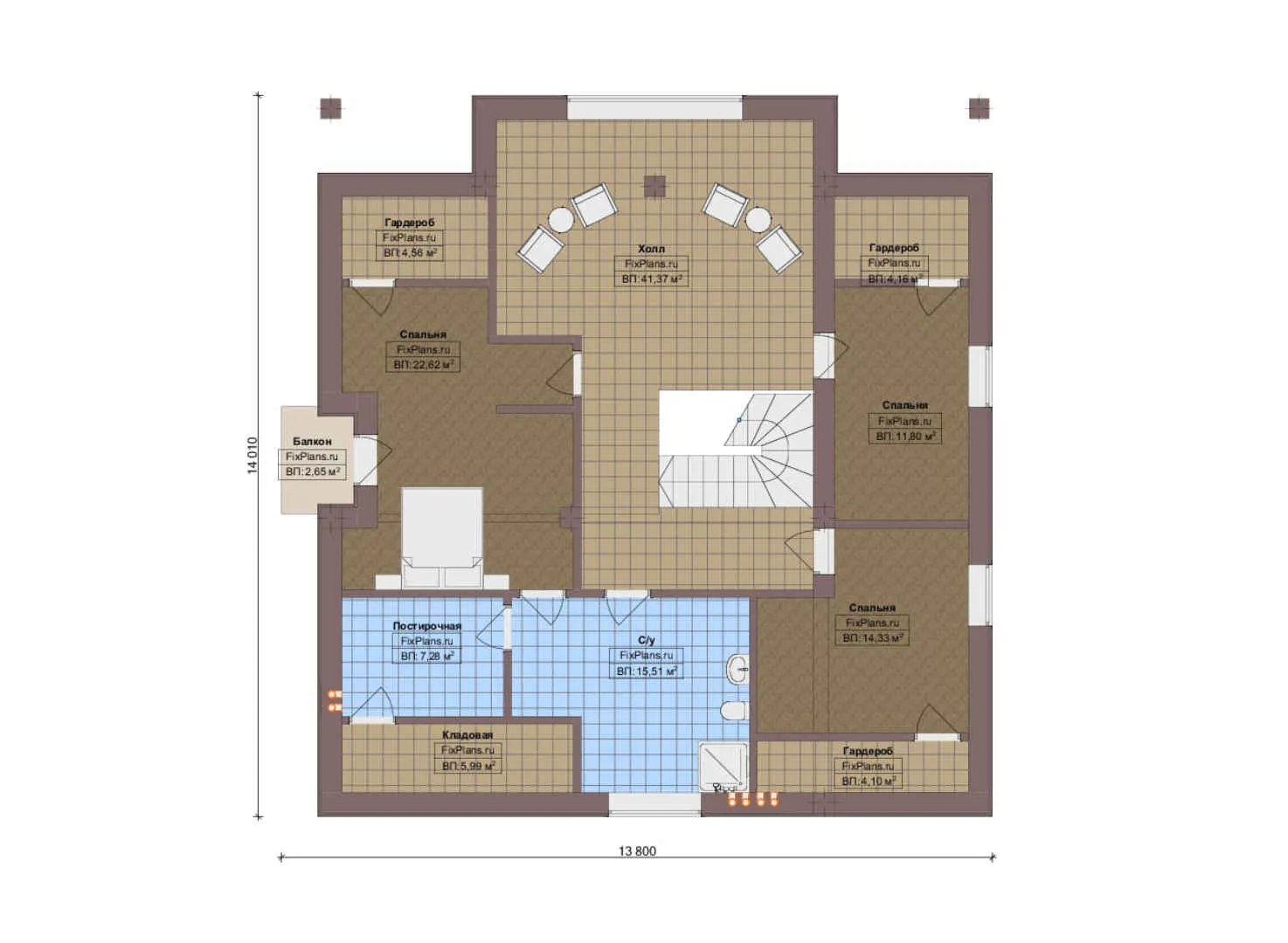 F-15947 - Планы дома с мансардой 14 на 15, площадью 280 м² с террасой, балконом и 4 спальнями