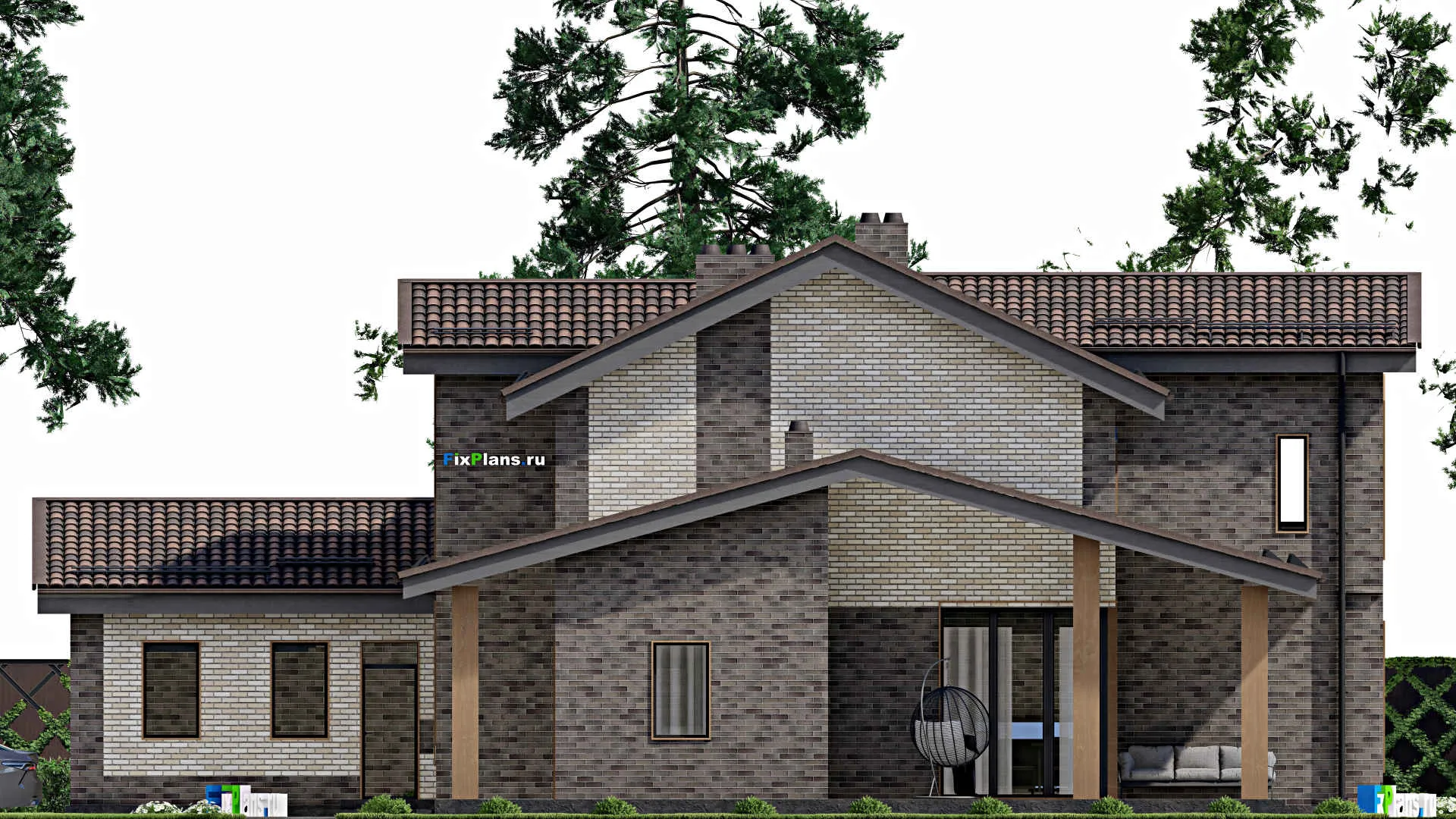 F-3932 - Проект дома с мансардой 20 на 20, площадью 390 м² с террасой, гаражом на 2 машины и 3 спальнями