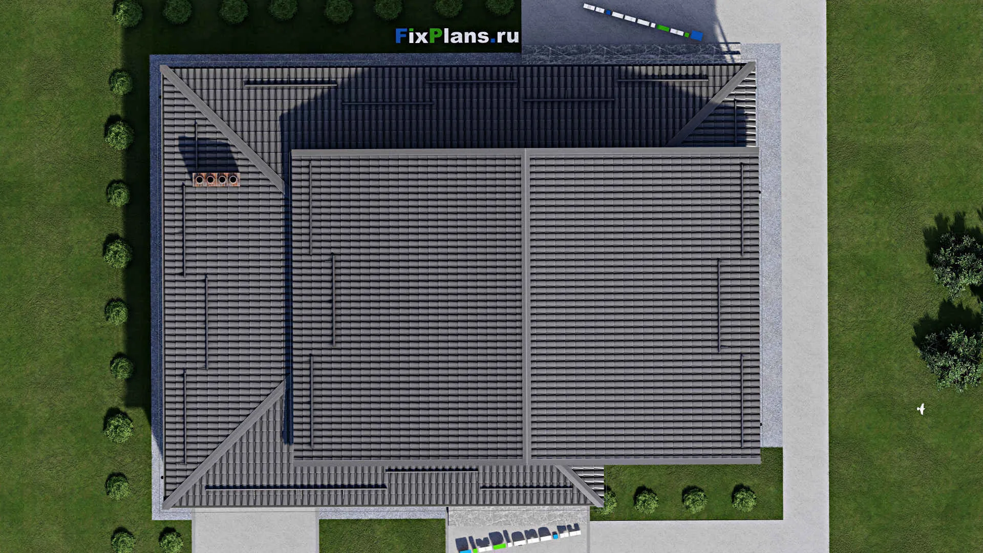 F-2483 - Планы дома с мансардой 14 на 19, площадью 300 м² с террасой, баней, гаражом на 1 машину и 4 спальнями