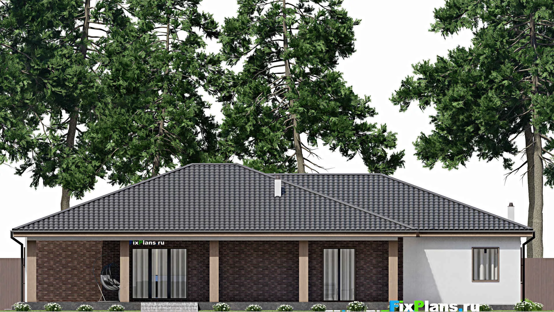 F-4553 - Проект одноэтажного дома 18 на 22, площадью 310 м² с террасой, гаражом на 2 машины и 3 спальнями