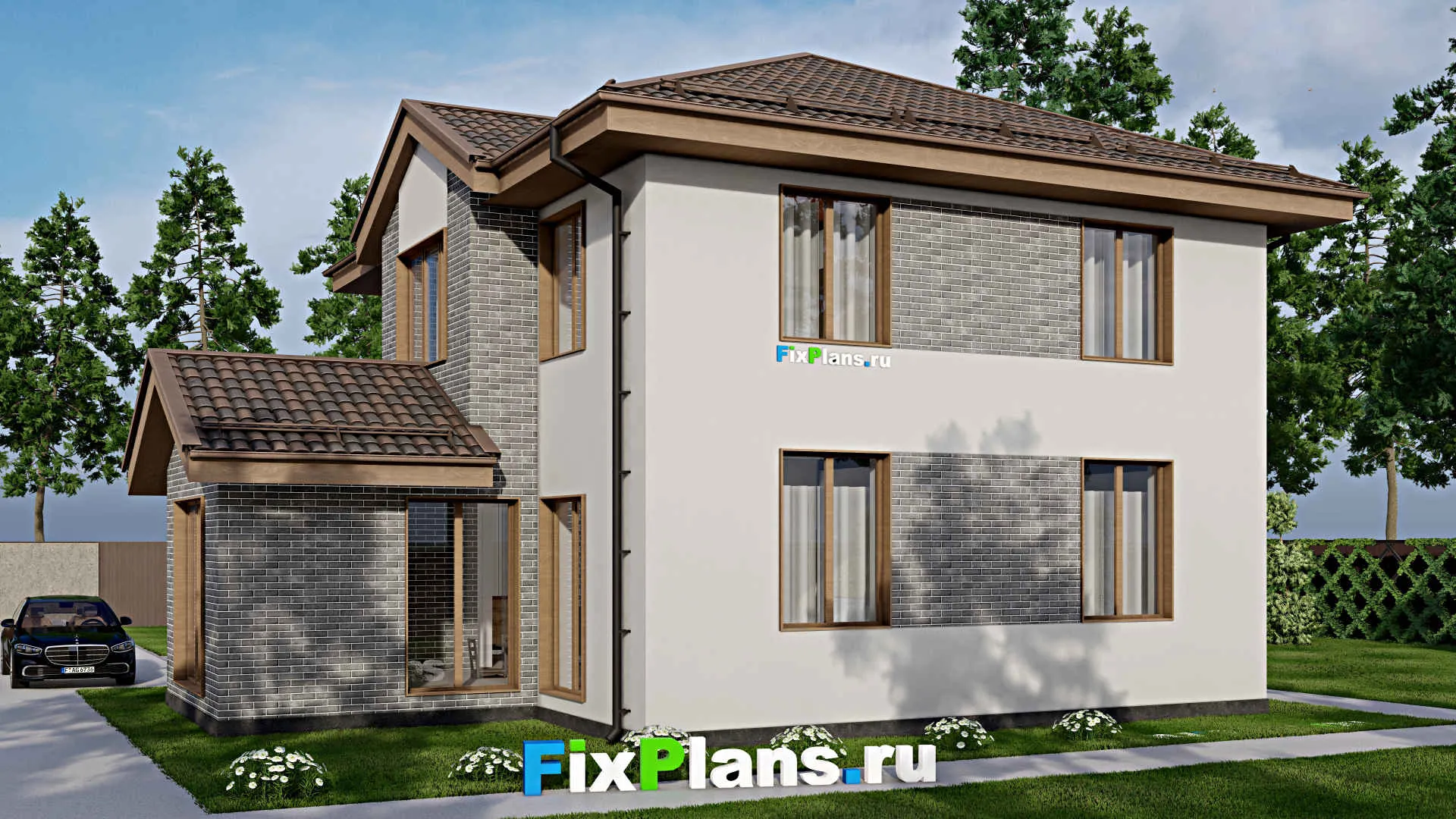 F-7325 - Проект двухэтажного дома 14 на 14, площадью 200 м² с террасой и 4 спальнями