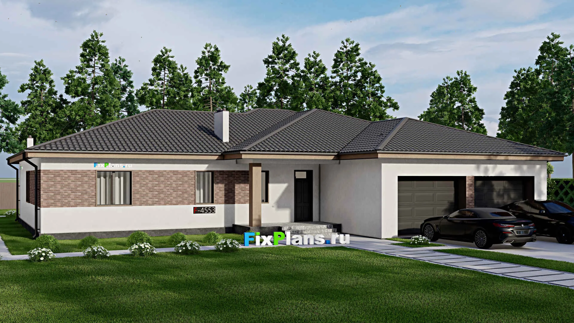 F-4553 - Проект одноэтажного дома 18 на 22, площадью 310 м² с террасой, гаражом на 2 машины и 3 спальнями