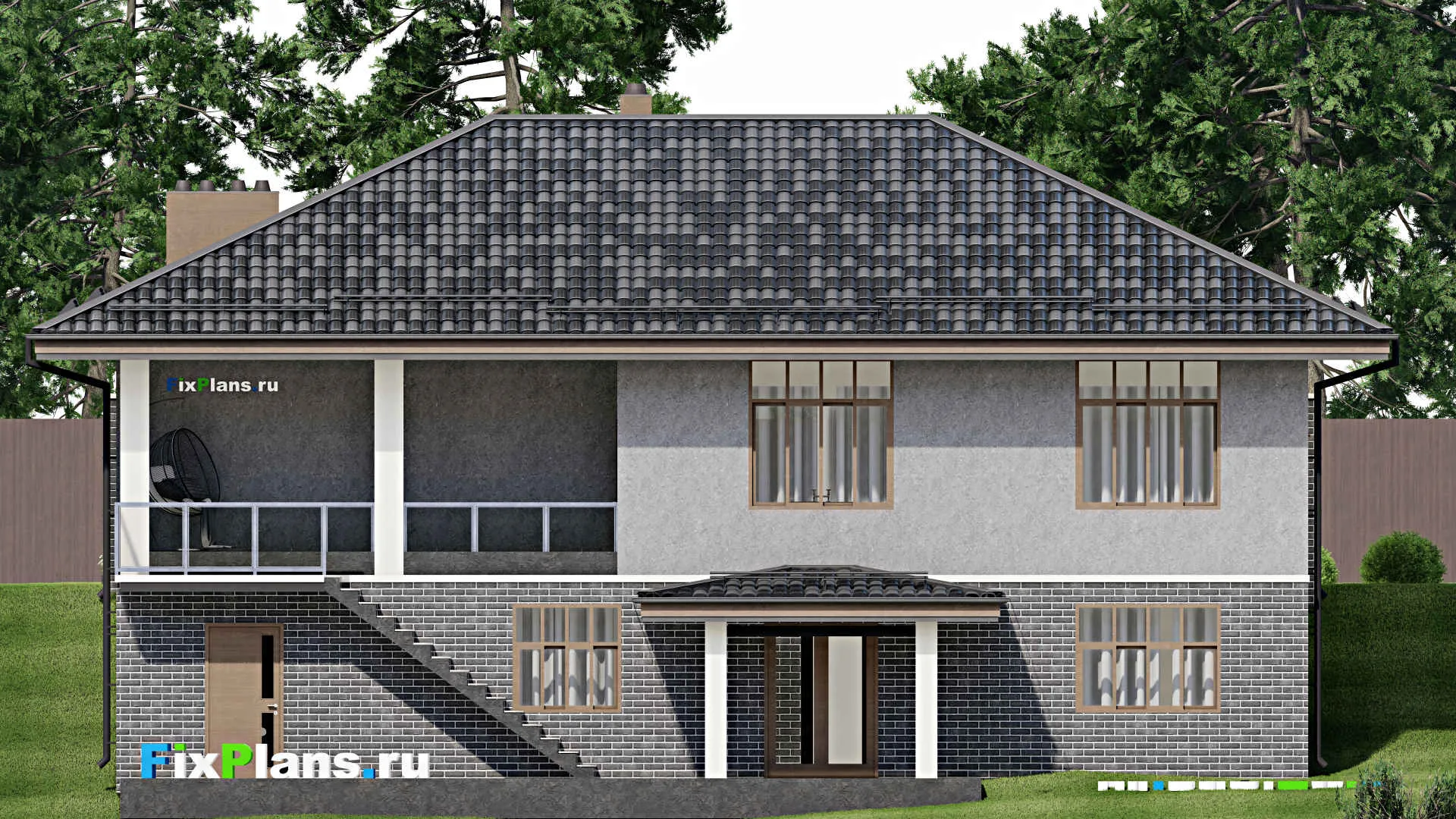 F-3122 - Проект одноэтажного дома 12 на 17, площадью 330 м² с террасой, цокольным этажом, баней, гаражом на 1 машину и 3 спальнями