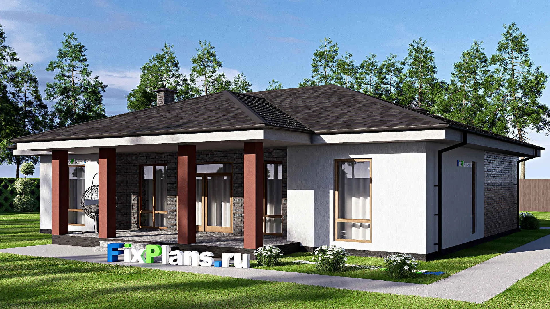 F-18719 - Проект одноэтажного дома 16 на 17, площадью 180 м² с террасой и 3 спальнями