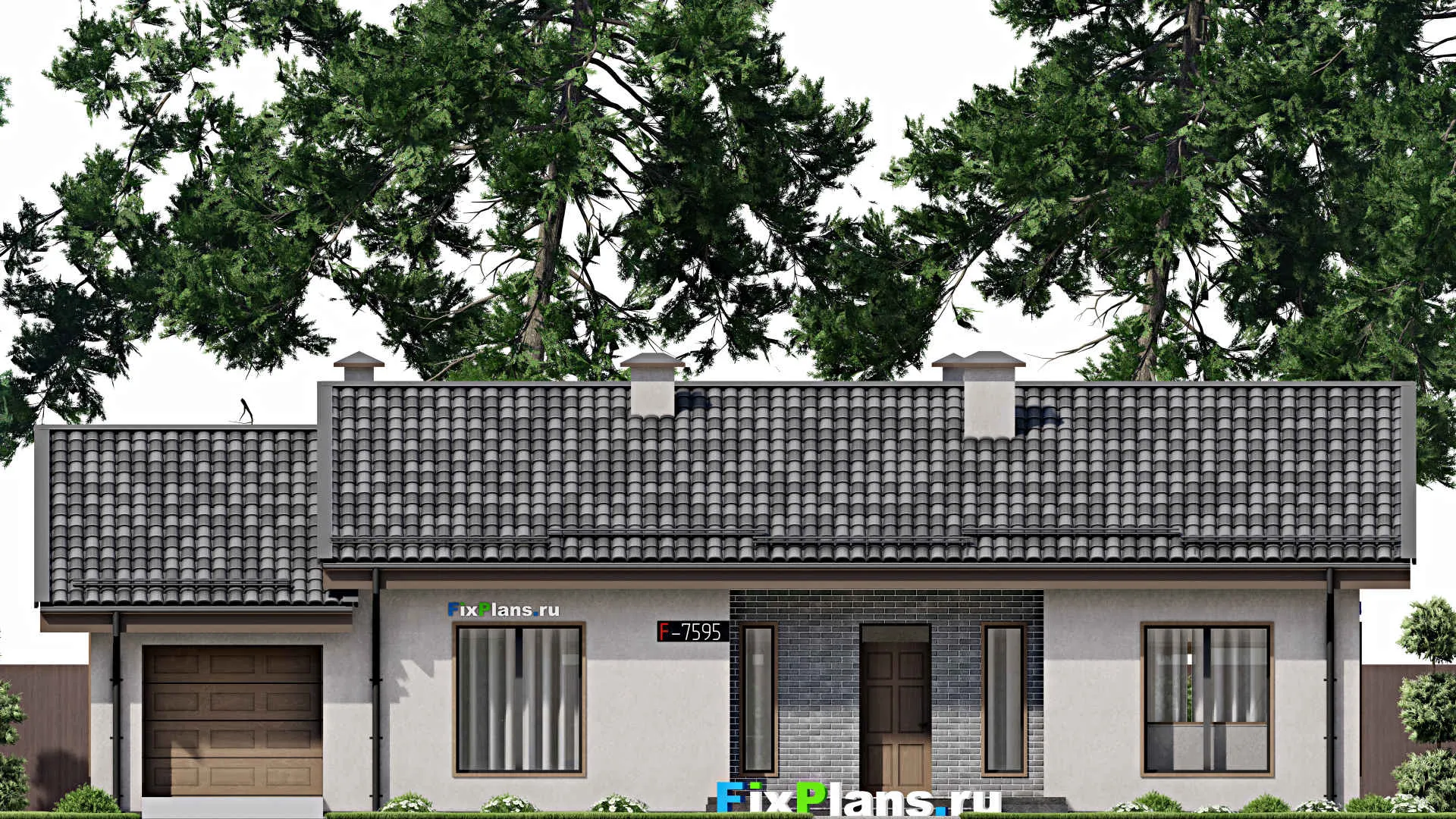 F-7595 - План одноэтажного дома 10 на 15, площадью 160 м² с террасой, гаражом на 1 машину и 3 спальнями