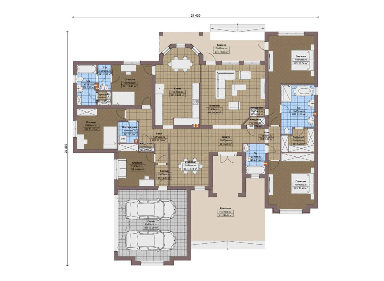 F-17171 - План одноэтажного дома 21 на 22, площадью 300 м² с террасой, гаражом на 2 машины и 5 спальнями
