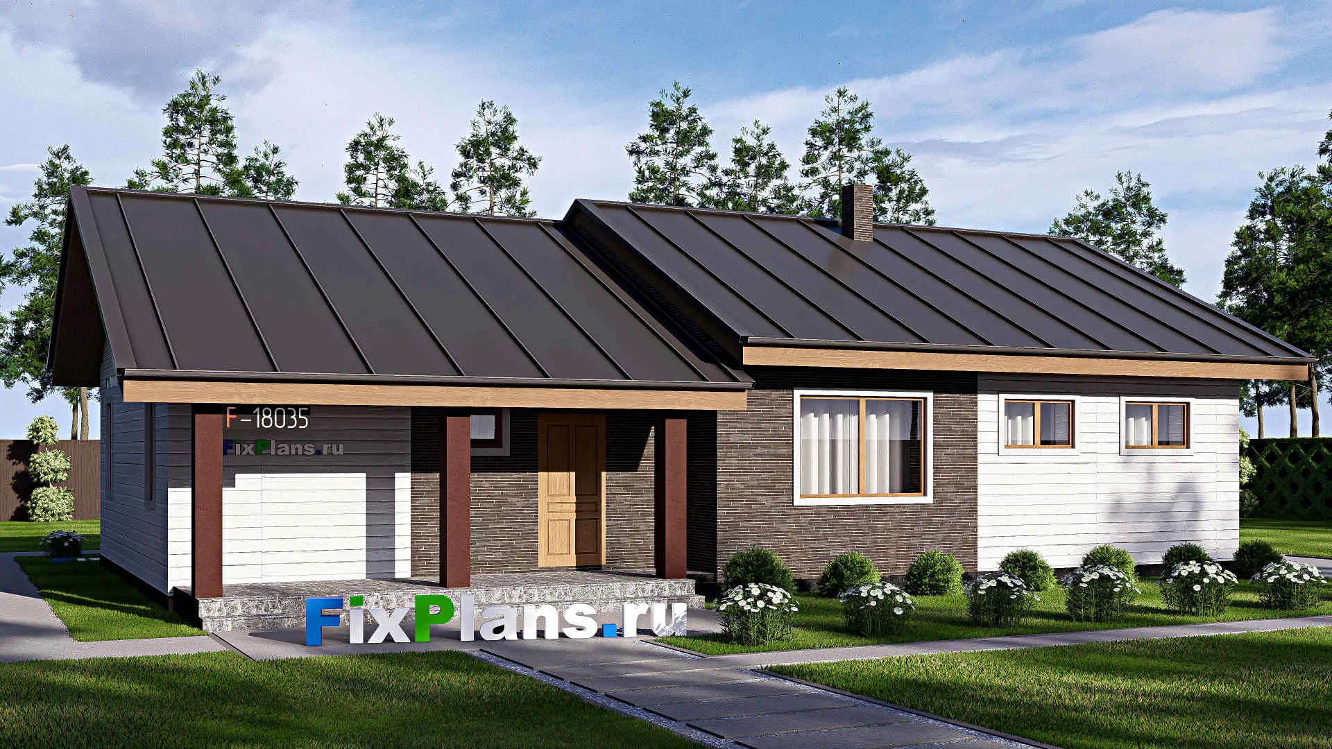 F-18035 - Проект одноэтажного дома 12 на 17, площадью 140 м² с террасой и 3 спальнями